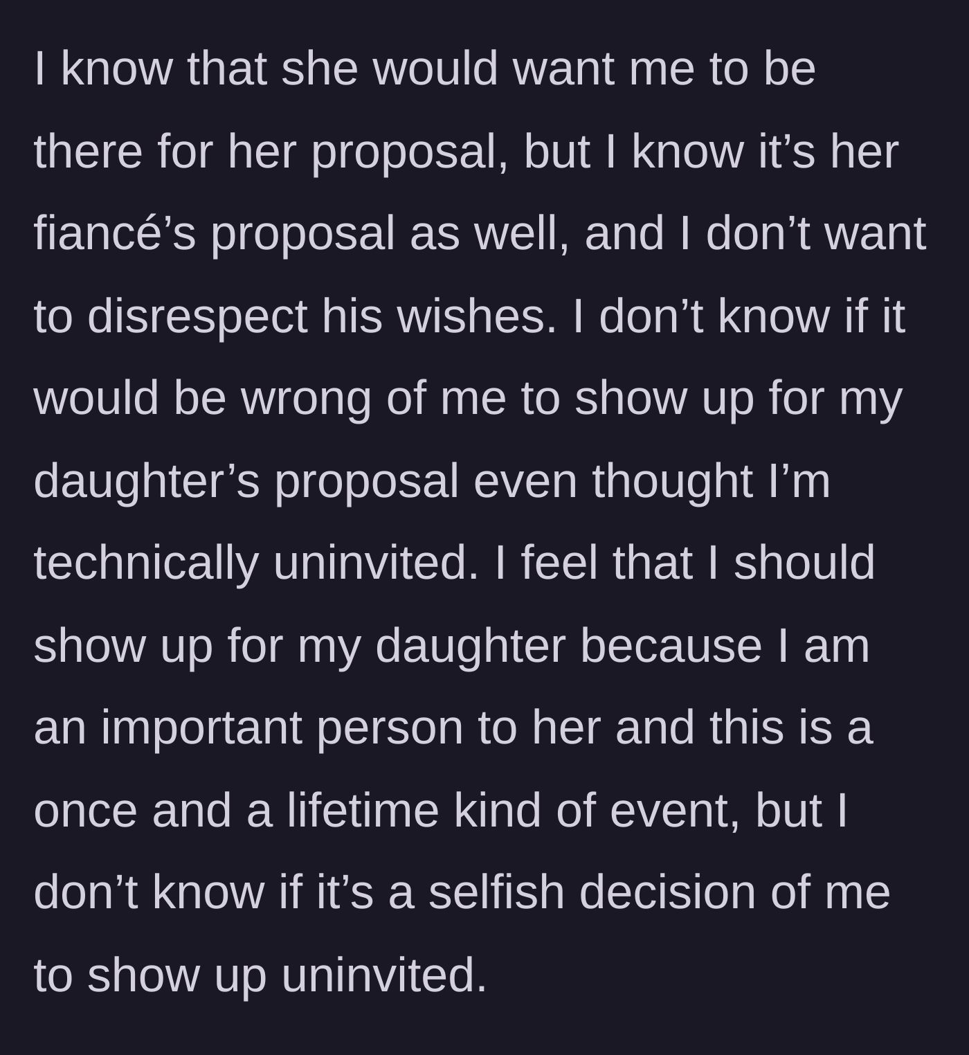 Story part 3 - A woman agonizing over whether to crash an event she was explicitly not invited to, convincing herself she is the main character.