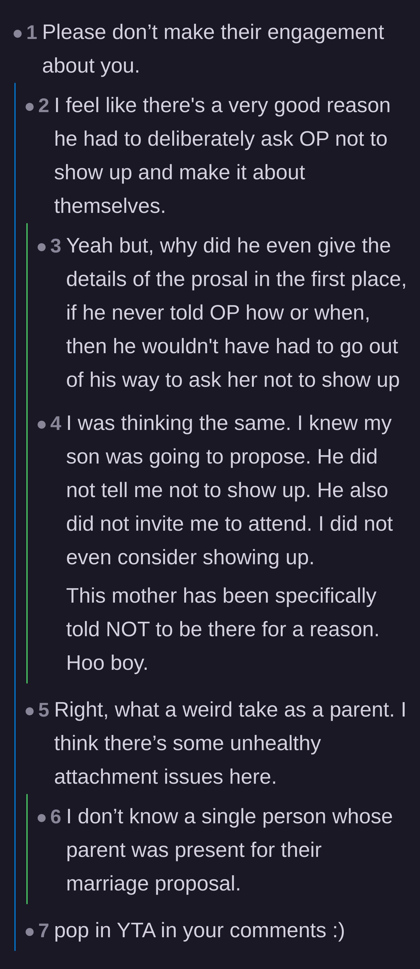 Comment thread 1 - A discussion about how the mom uses her single-parent status as a weapon to cross boundaries.