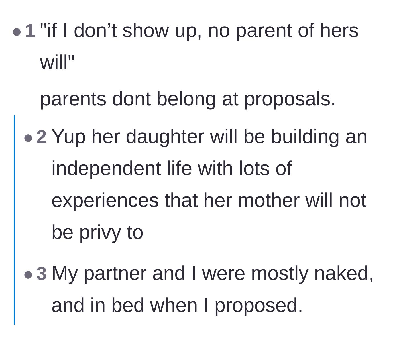 Comment thread 2 - Commenters pointing out that parents don't belong at proposals, with one joking about proposing naked in bed.