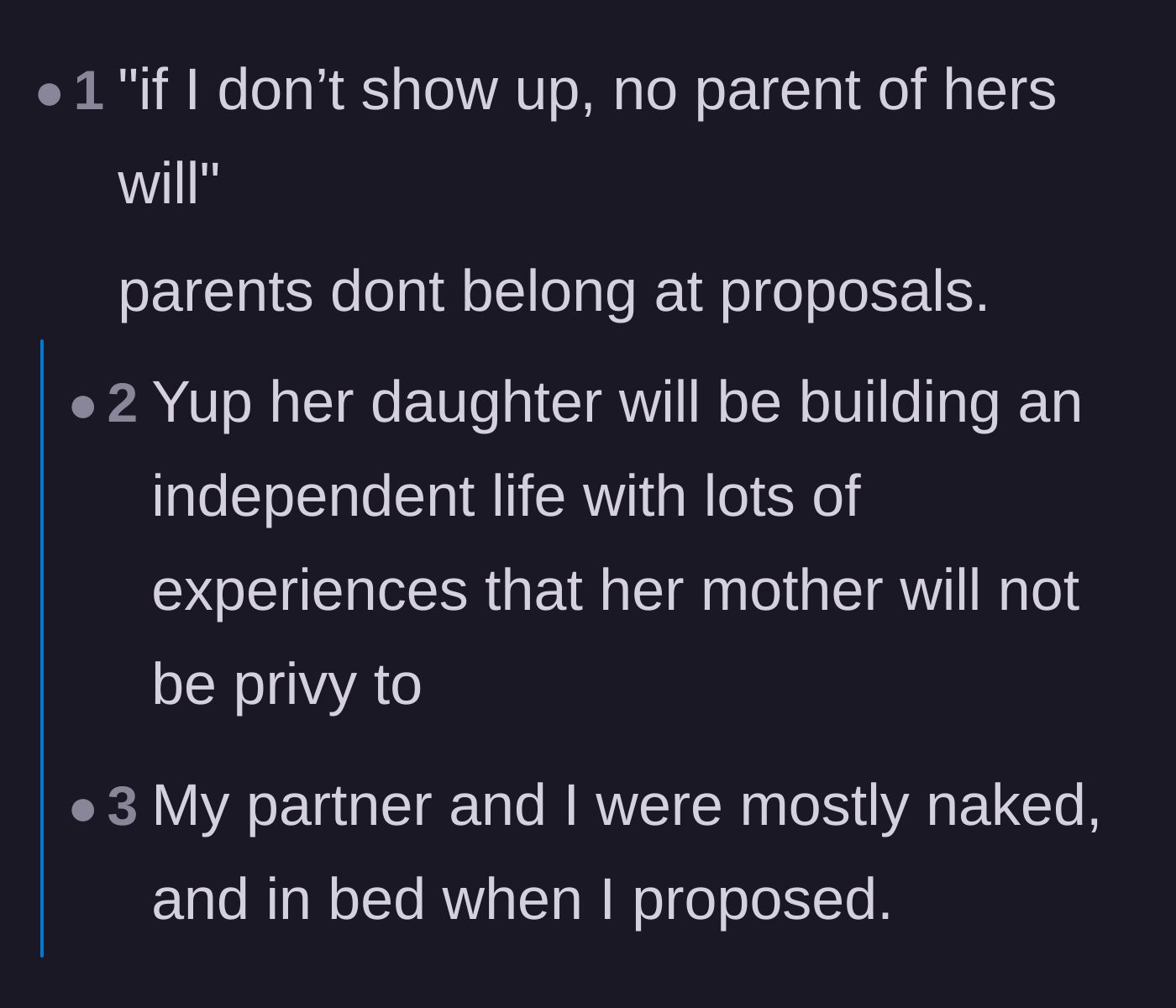 Comment thread 2 - Commenters pointing out that parents don't belong at proposals, with one joking about proposing naked in bed.