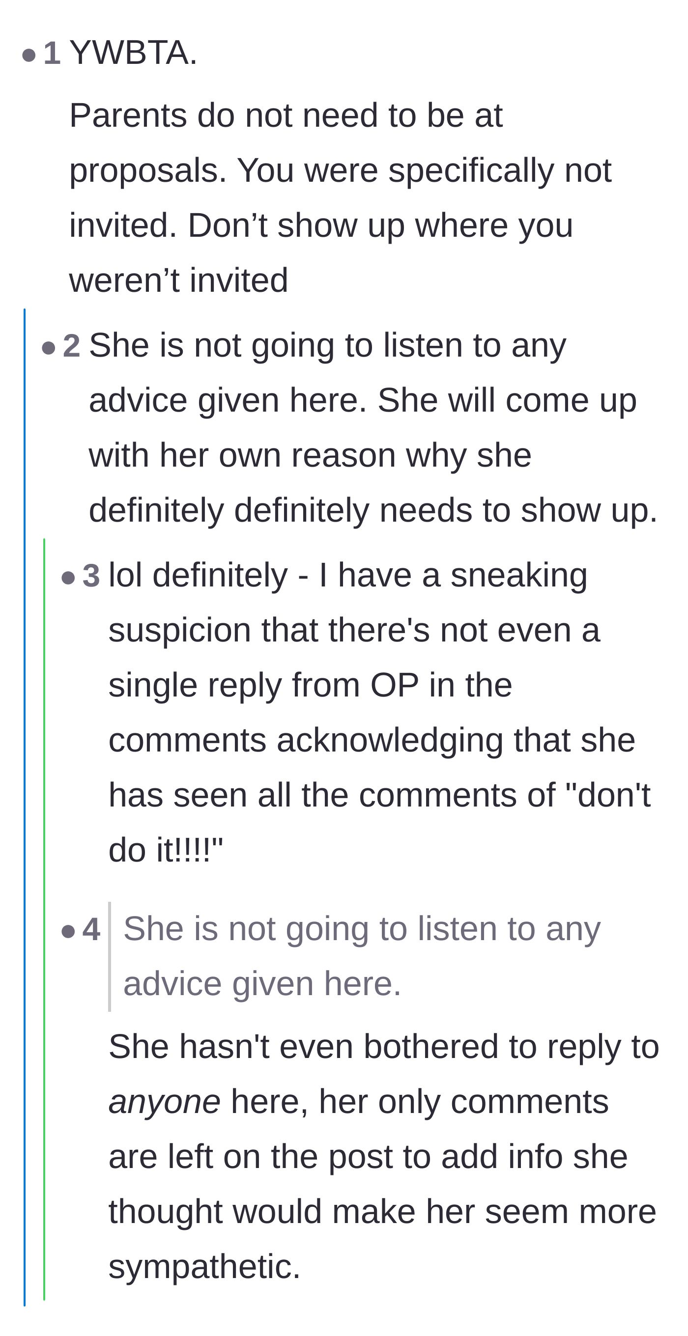 Comment thread 4 - Readers predicting that the mother will ignore all their advice because she only wants validation.
