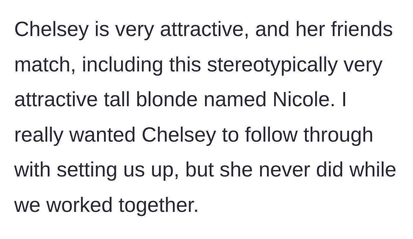 Story part 3 - The author focuses on the physical attractiveness of the coworker and her friend circle.