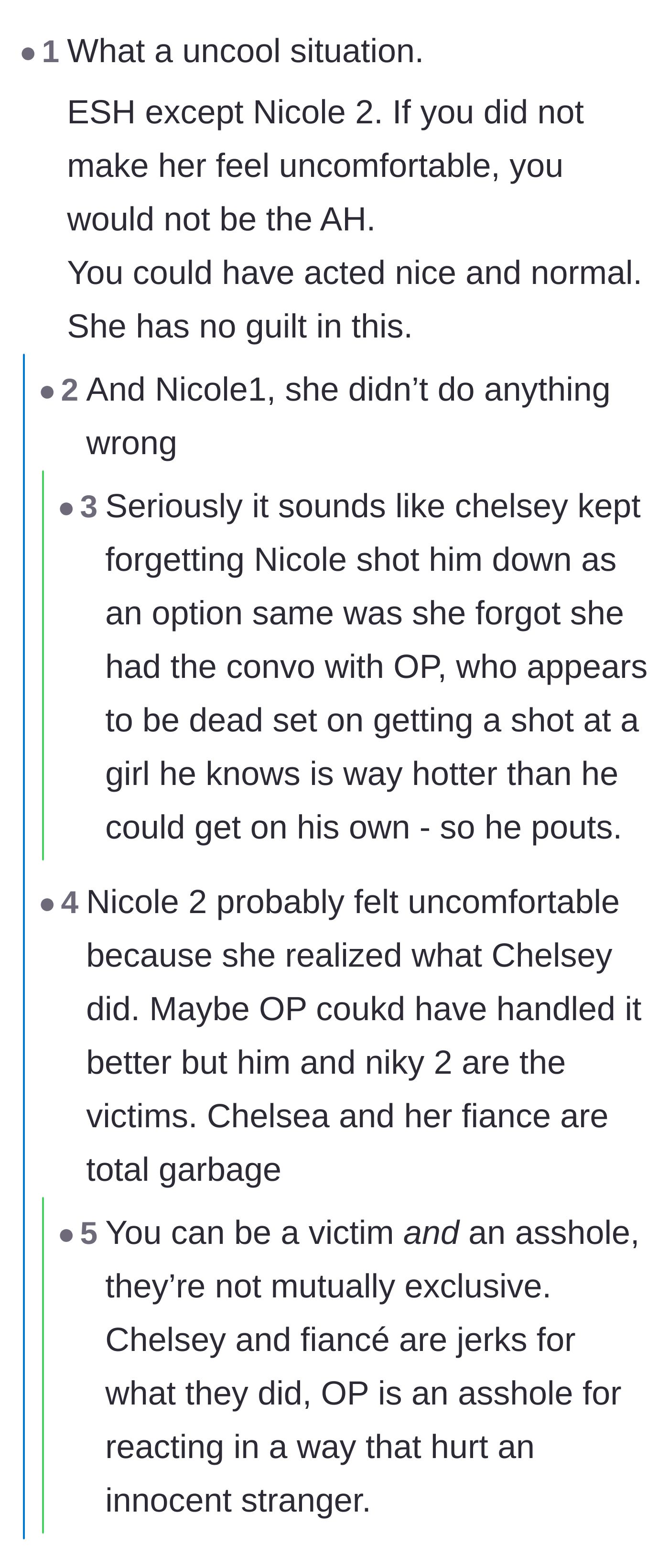 Comment thread 2 - Discussion about how the main character could have handled the deception with grace instead of seeking petty revenge.