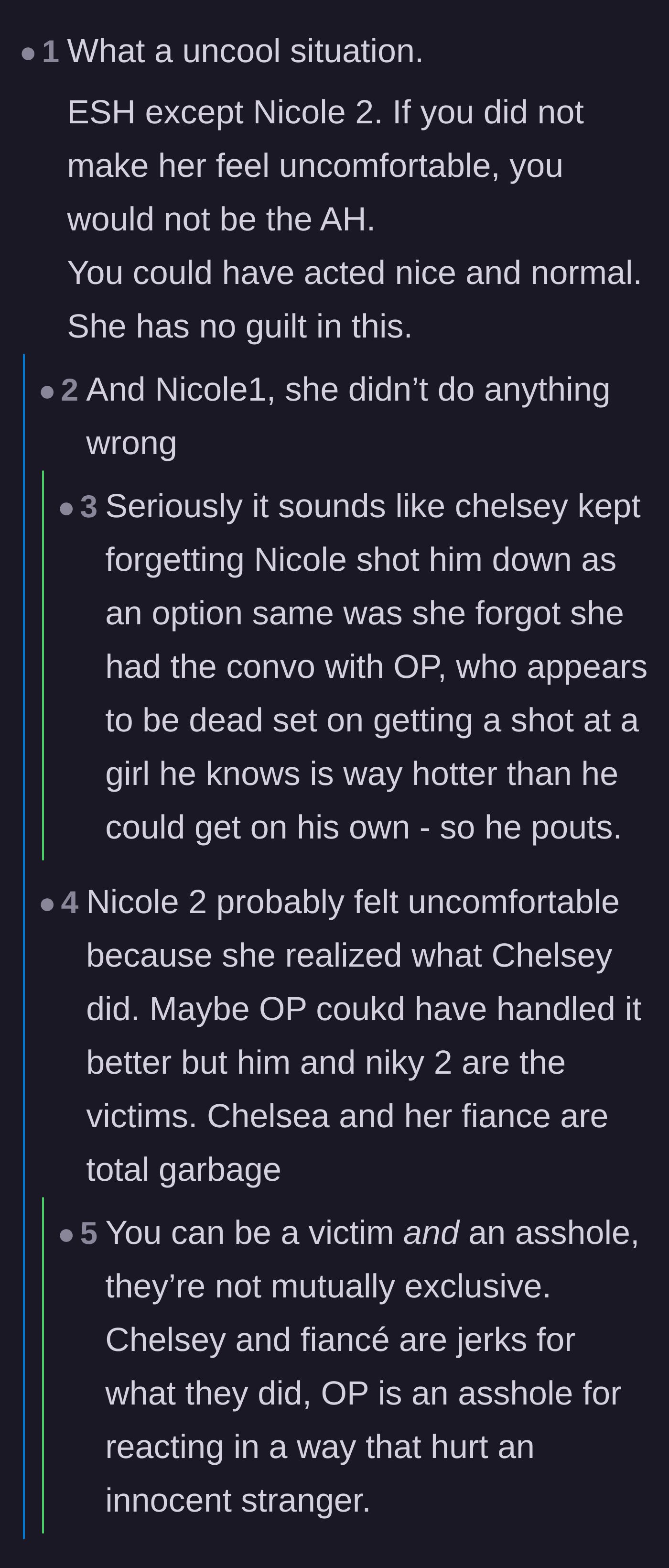 Comment thread 2 - Discussion about how the main character could have handled the deception with grace instead of seeking petty revenge.