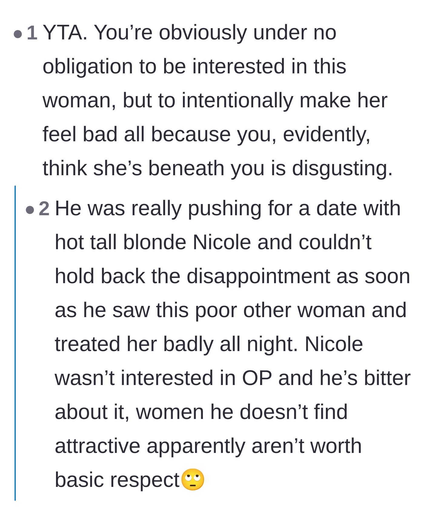 Comment thread 4 - Calling out the main character's hypocrisy for demanding grace from women he considers 'out of his league' while showing none to others.