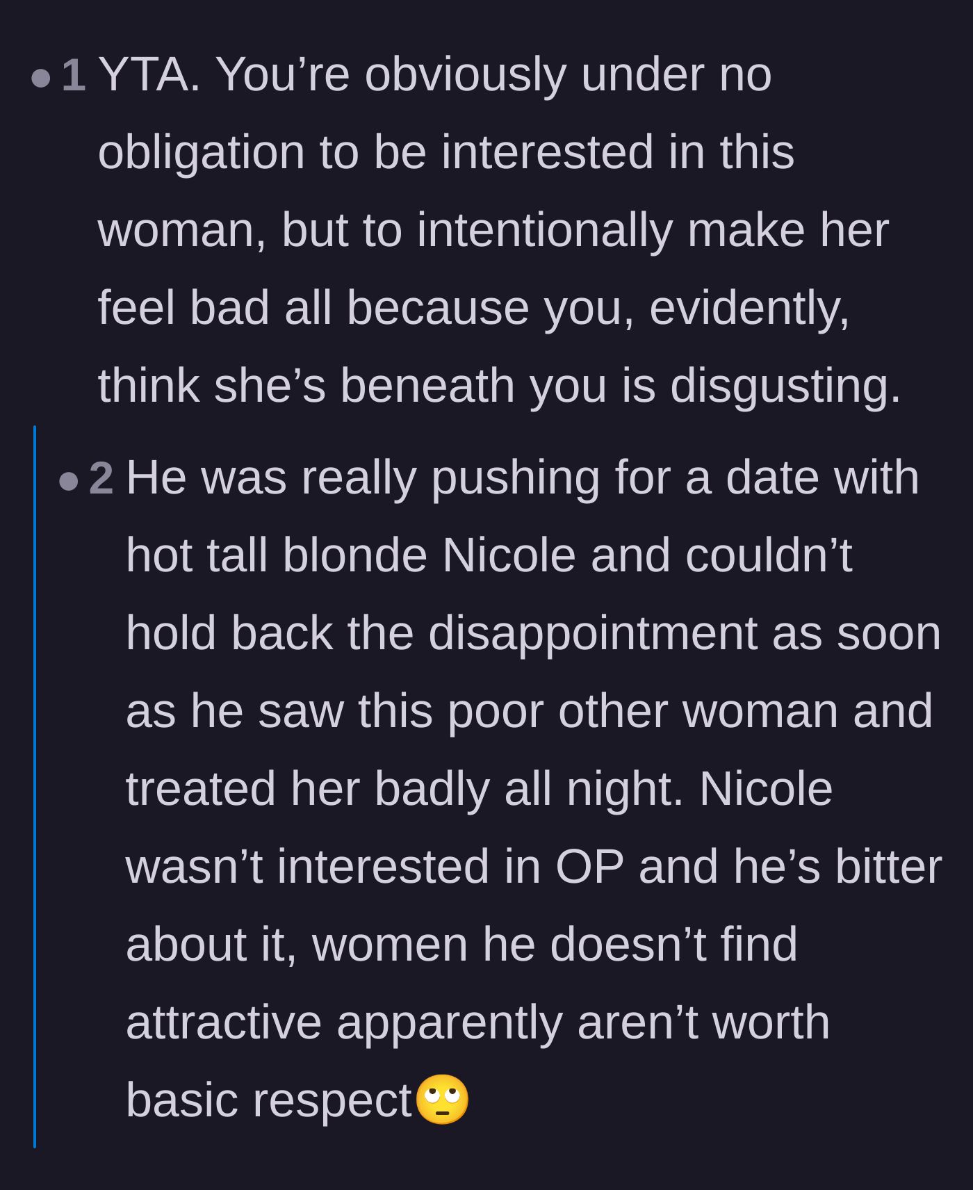 Comment thread 4 - Calling out the main character's hypocrisy for demanding grace from women he considers 'out of his league' while showing none to others.