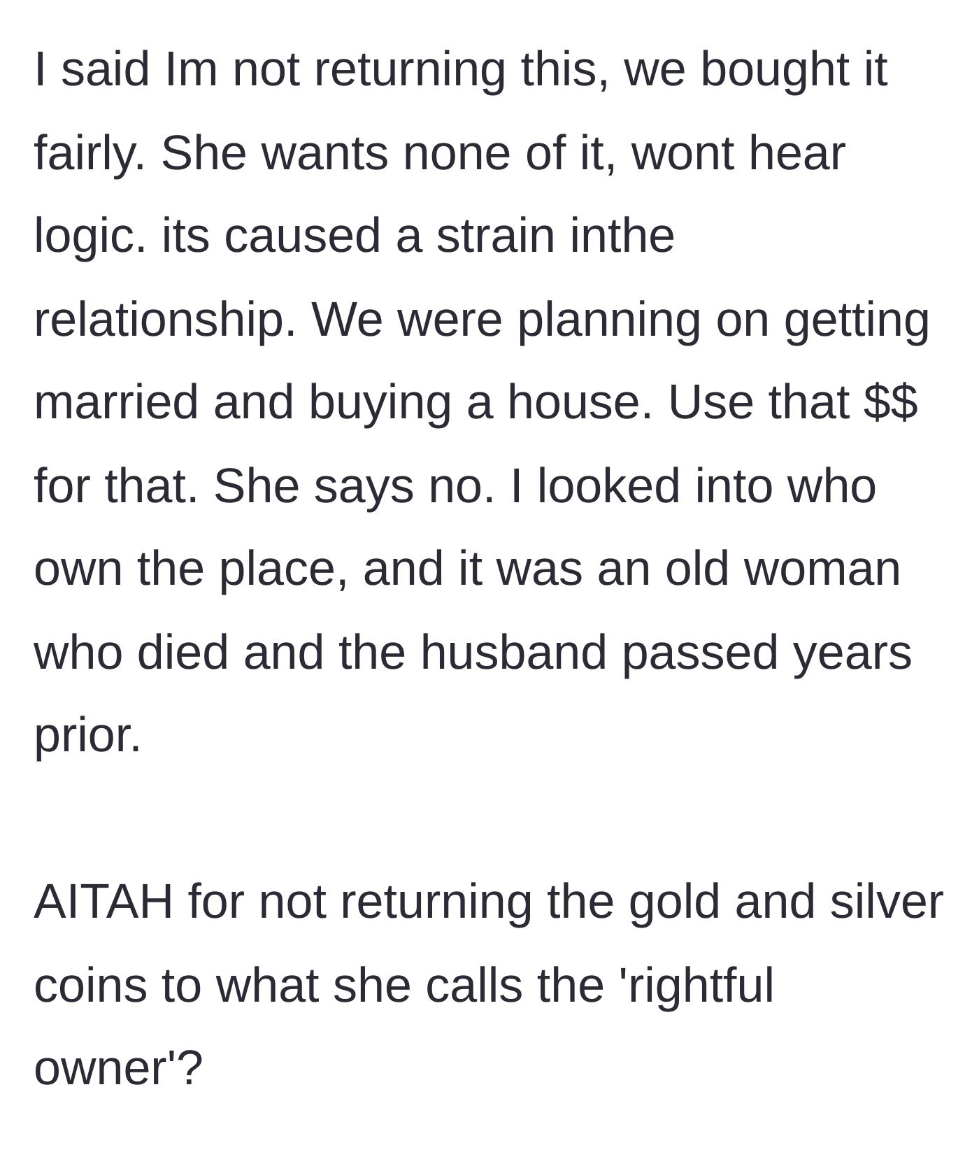 Story part 5 - The couple argues over keeping the money for a house versus returning it to the deceased owners' heirs, resulting in a stalemate.