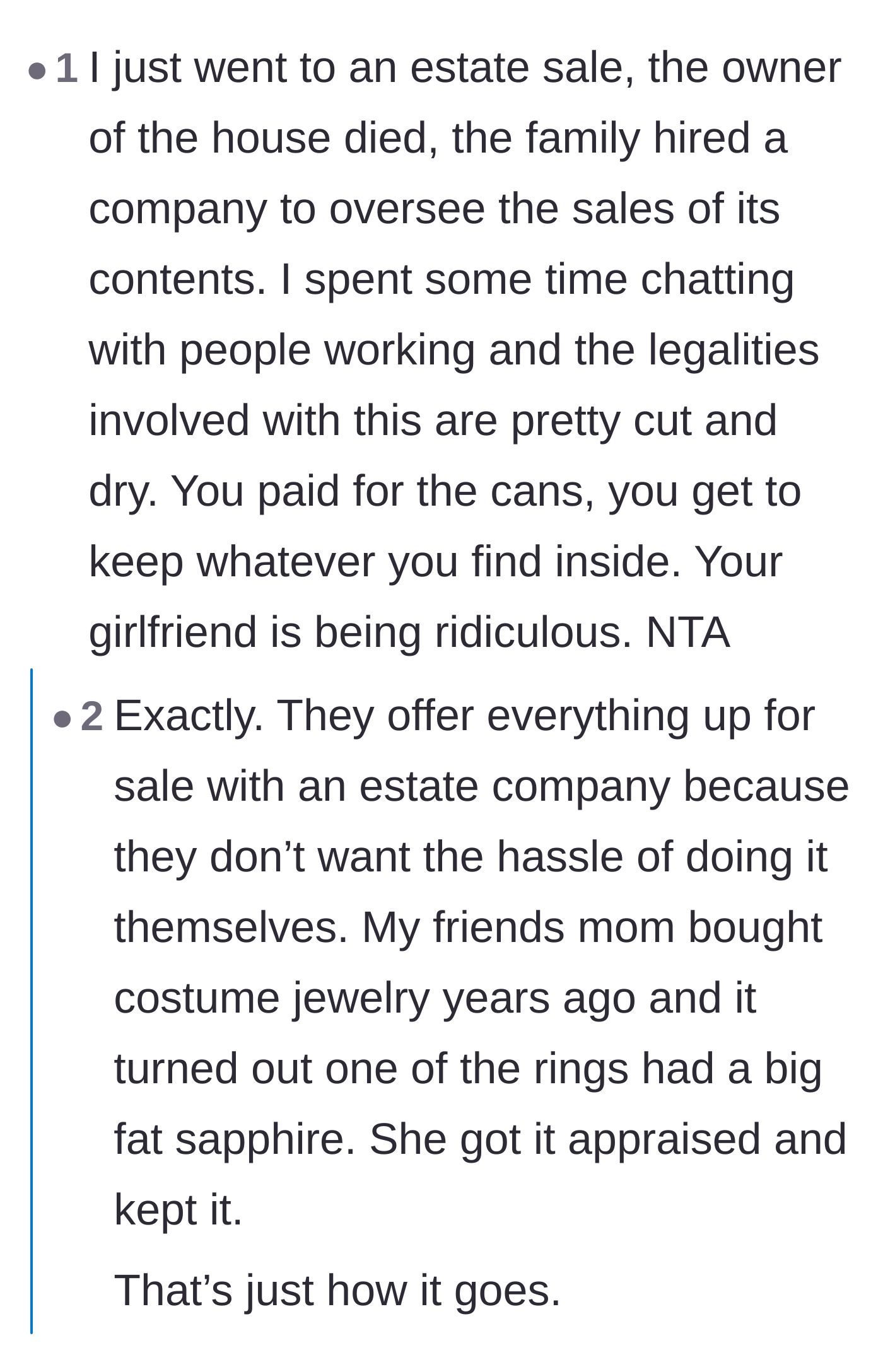 Comment thread 1 - Readers debating whether the legal finality of an estate sale overrides the moral expectation to return hidden items to surviving heirs.