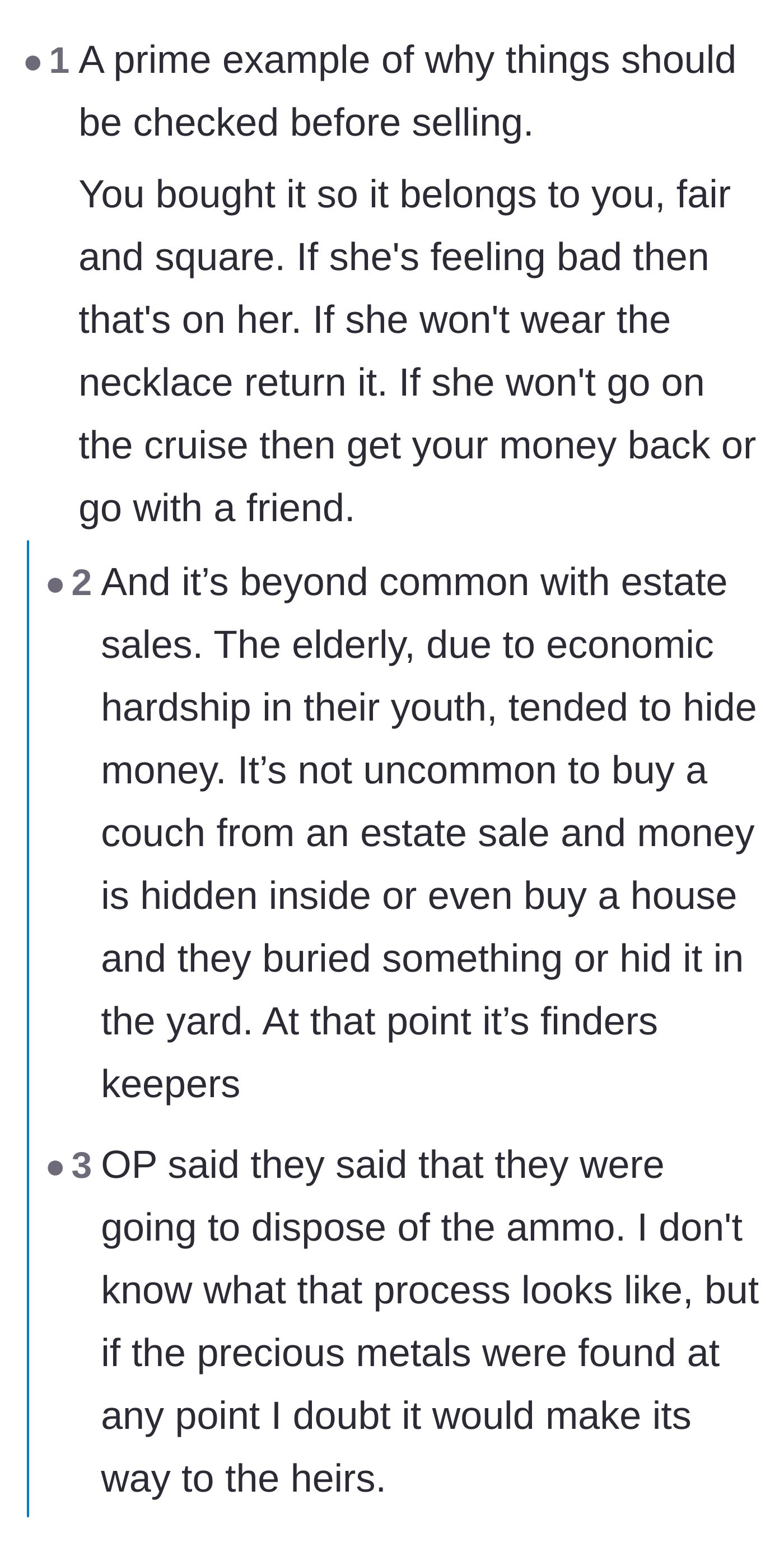 Comment thread 2 - A discussion on how the elderly frequently hide valuables in household items, making accidental windfalls a standard hazard of estate sales.