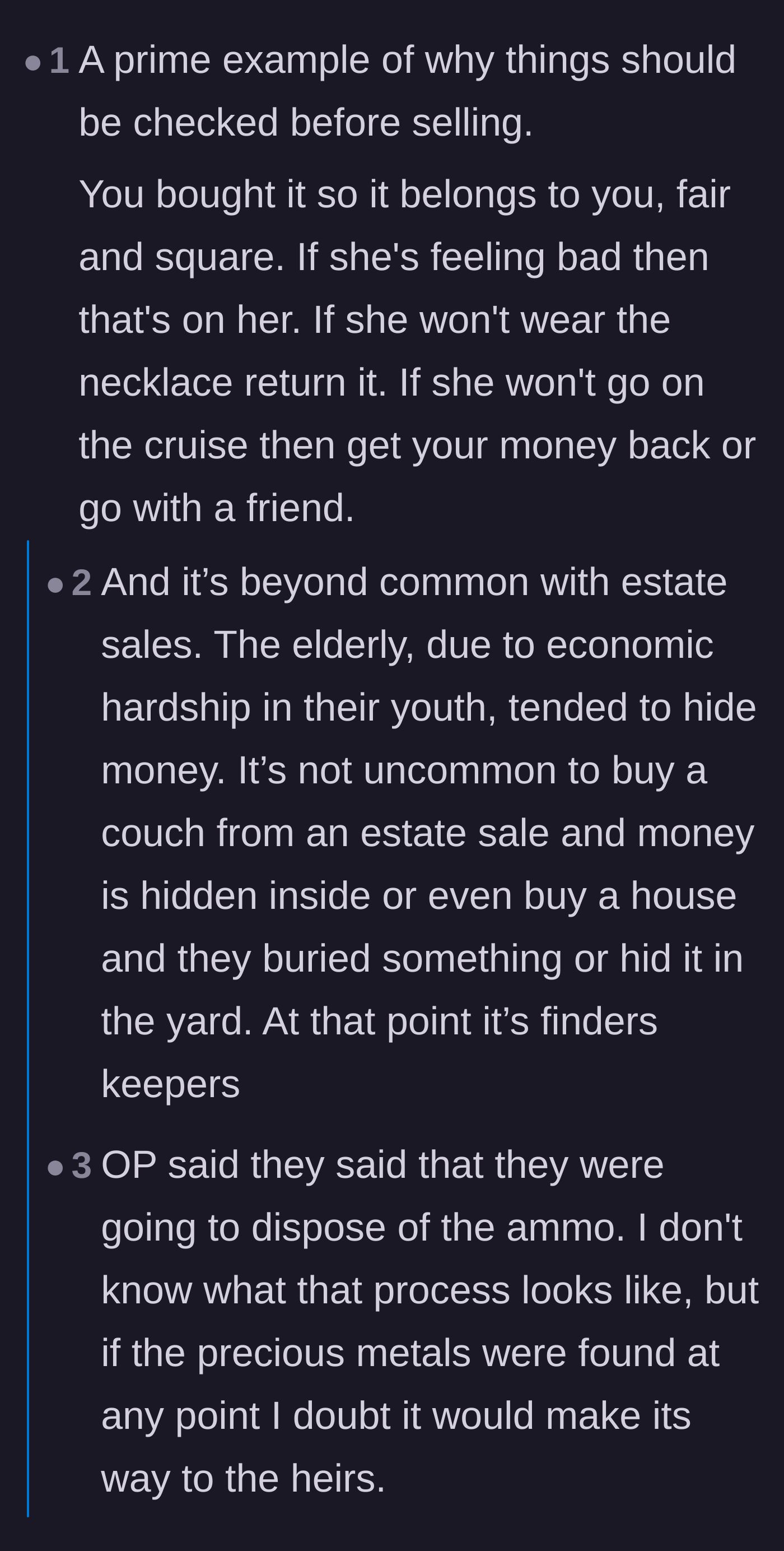 Comment thread 2 - A discussion on how the elderly frequently hide valuables in household items, making accidental windfalls a standard hazard of estate sales.
