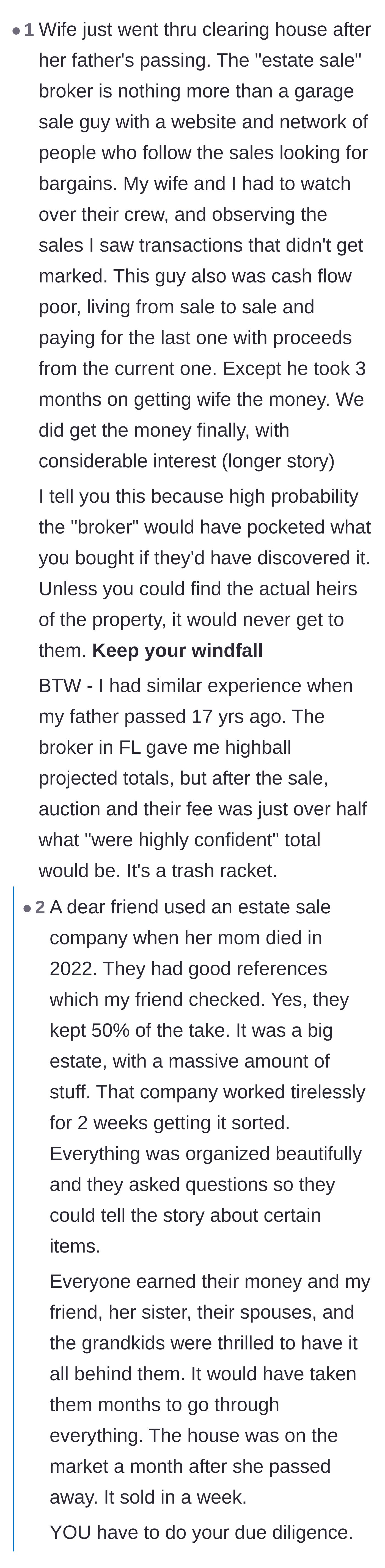 Comment thread 3 - Users arguing over the competence and ethical standards of estate liquidators, with some suggesting a sketchy broker would have pocketed the gold anyway.