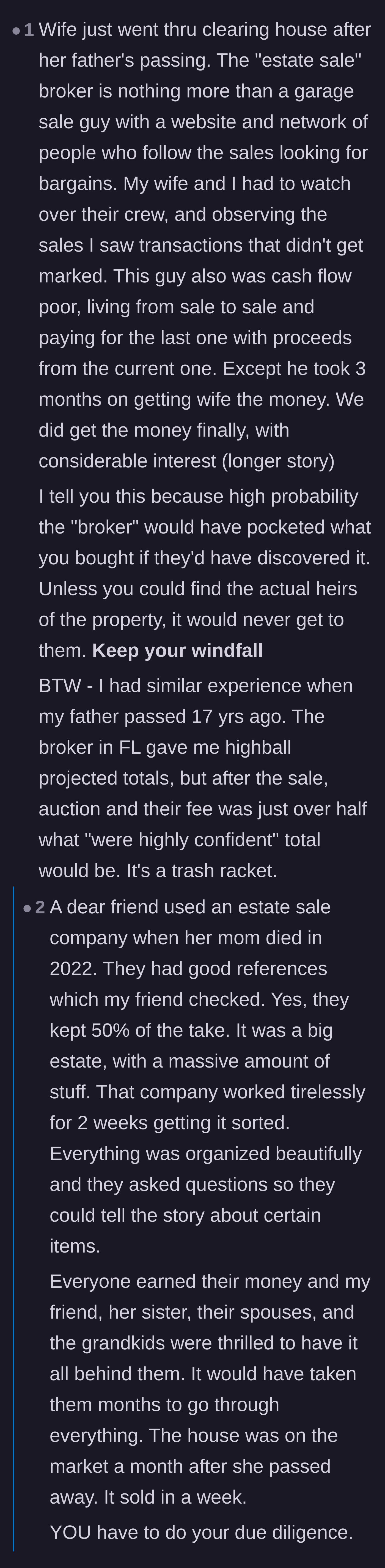 Comment thread 3 - Users arguing over the competence and ethical standards of estate liquidators, with some suggesting a sketchy broker would have pocketed the gold anyway.