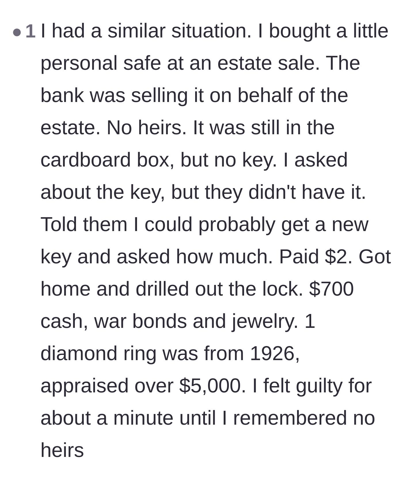 Comment thread 5 - A reader sharing their own story of buying a locked safe for two dollars at an estate sale and finding thousands of dollars in cash and jewelry inside.