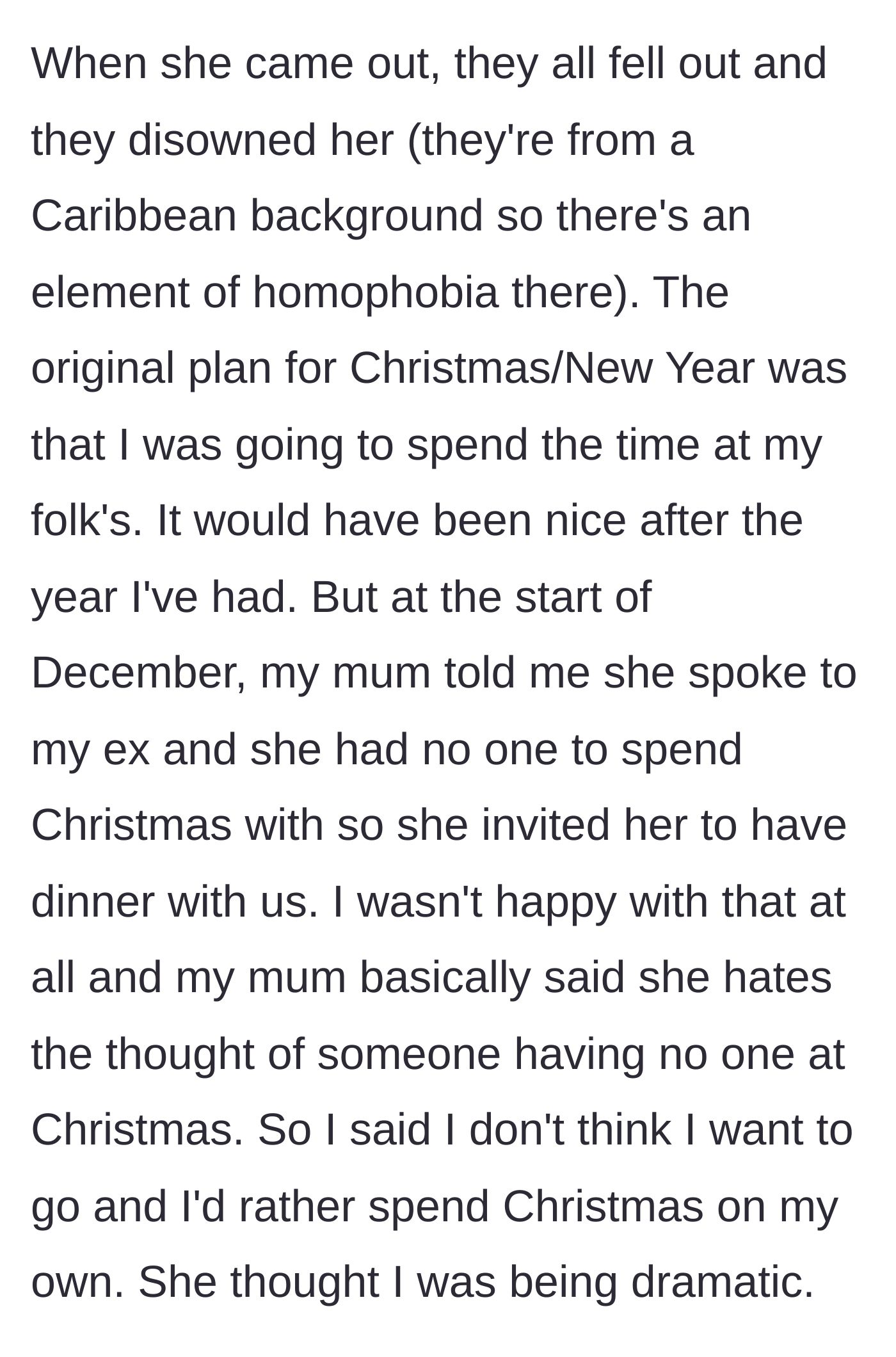 Story part 2 - The mother invites the ex-wife to Christmas dinner, prompting the man to firmly cancel his holiday plans.