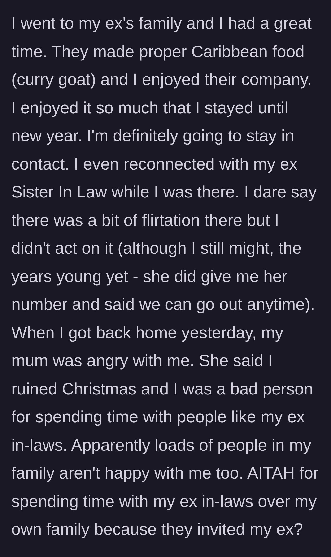 Story part 4 - He enjoys a wonderful Caribbean Christmas with the ex-in-laws and sparks a flirtation with his ex-sister-in-law, angering his mother.