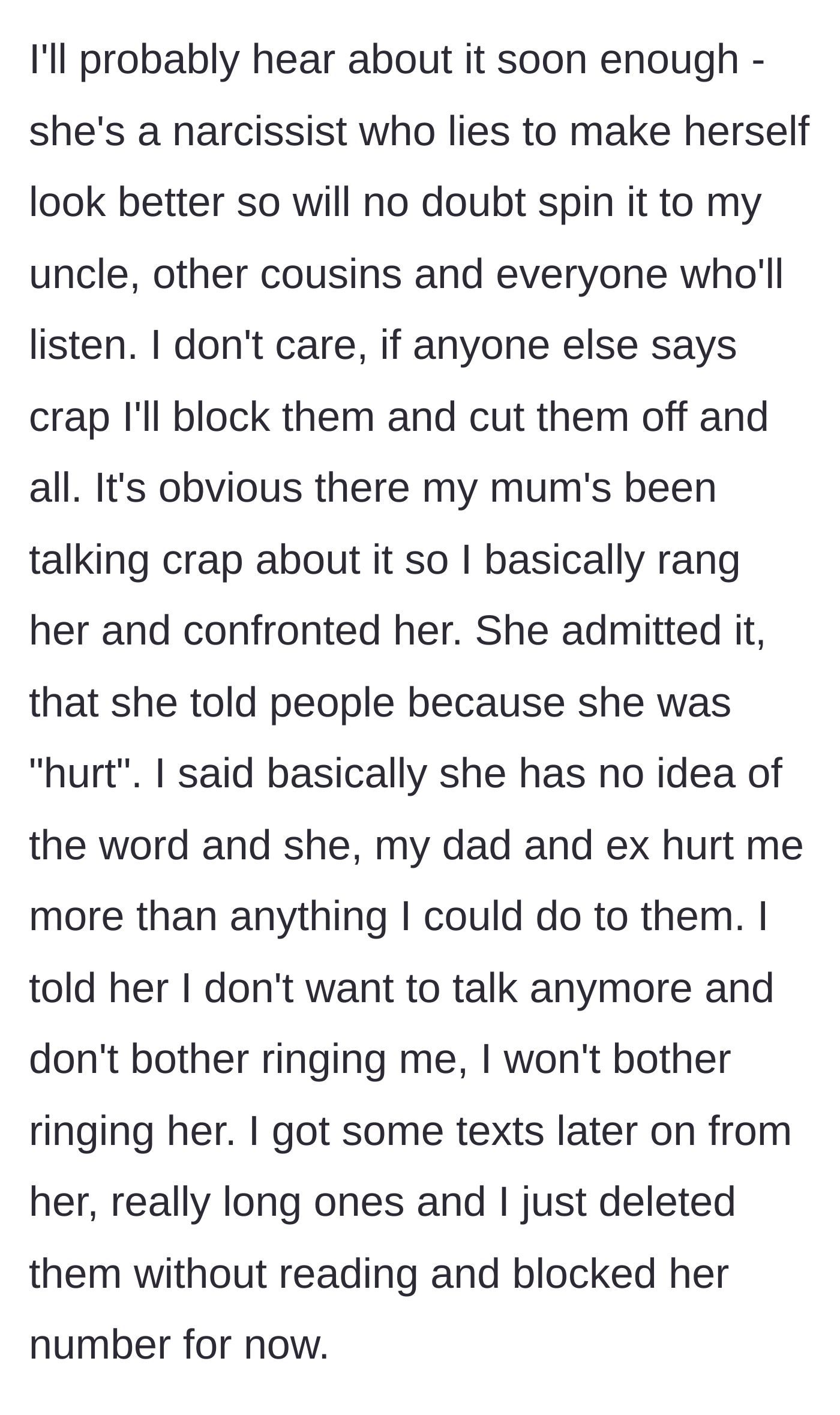 Story part 6 - The man confronts his gossiping mother, refuses to tolerate her excuses, and deletes her texts unread.