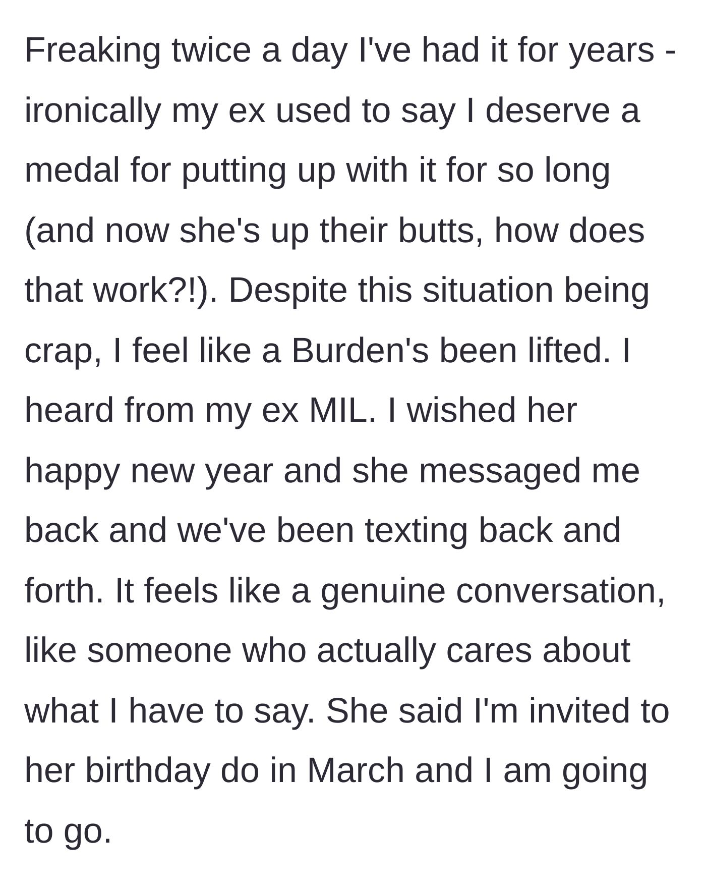 Story part 8 - Feeling relieved, he continues a warm text exchange with his ex-mother-in-law who invites him to her upcoming birthday.