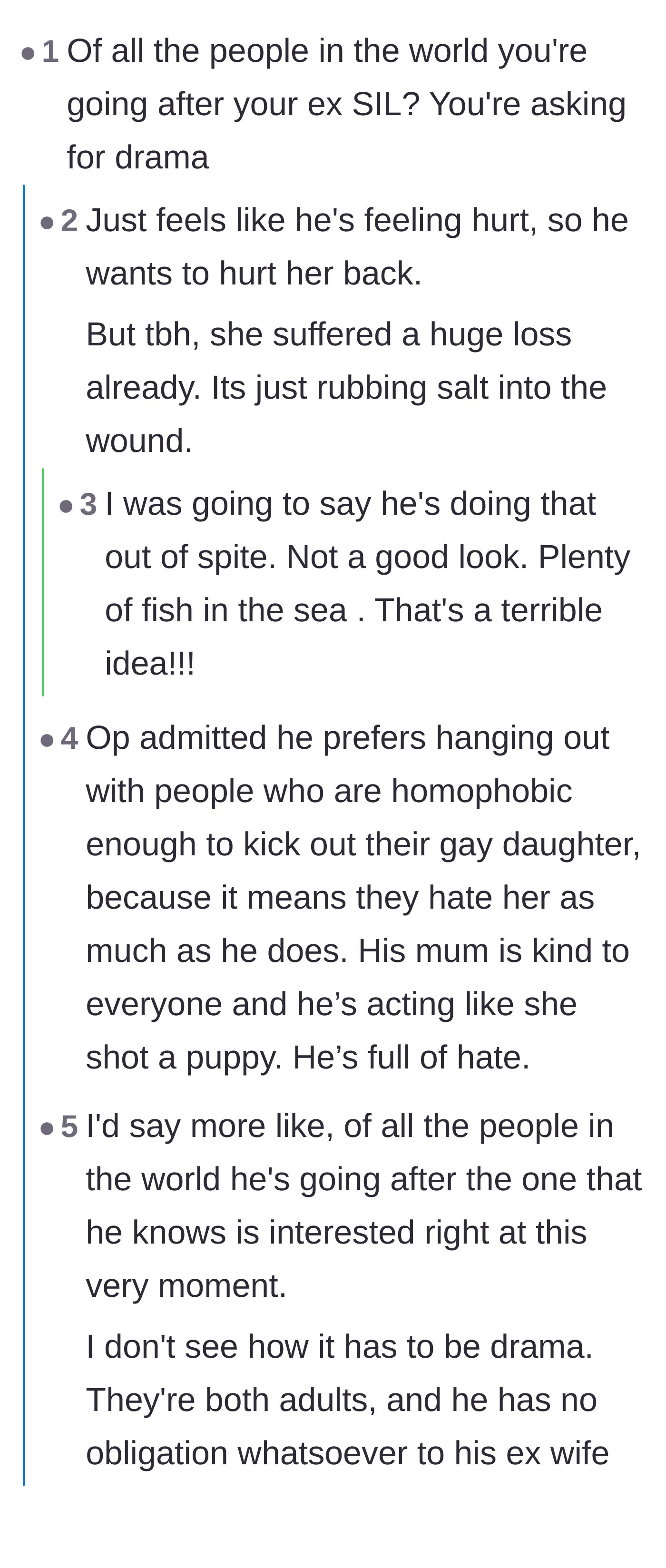 Comment thread 1 - Readers debate the motives behind hooking up with the ex-sister-in-law and whether the mother's toxic behavior justifies his petty revenge.