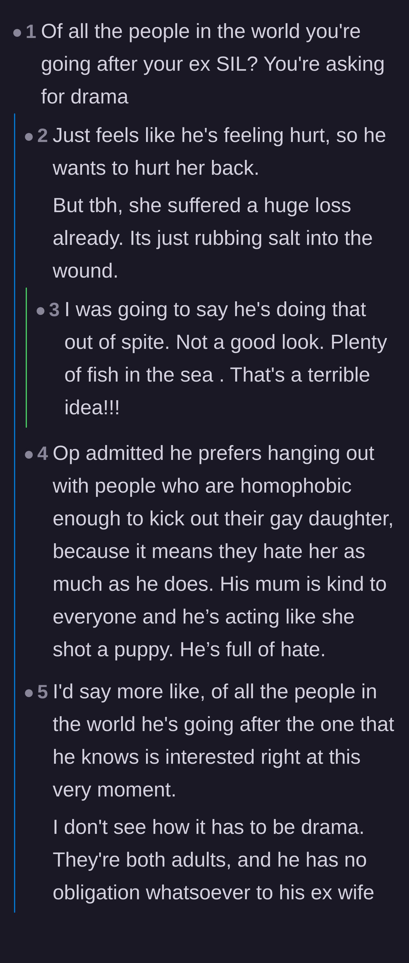 Comment thread 1 - Readers debate the motives behind hooking up with the ex-sister-in-law and whether the mother's toxic behavior justifies his petty revenge.