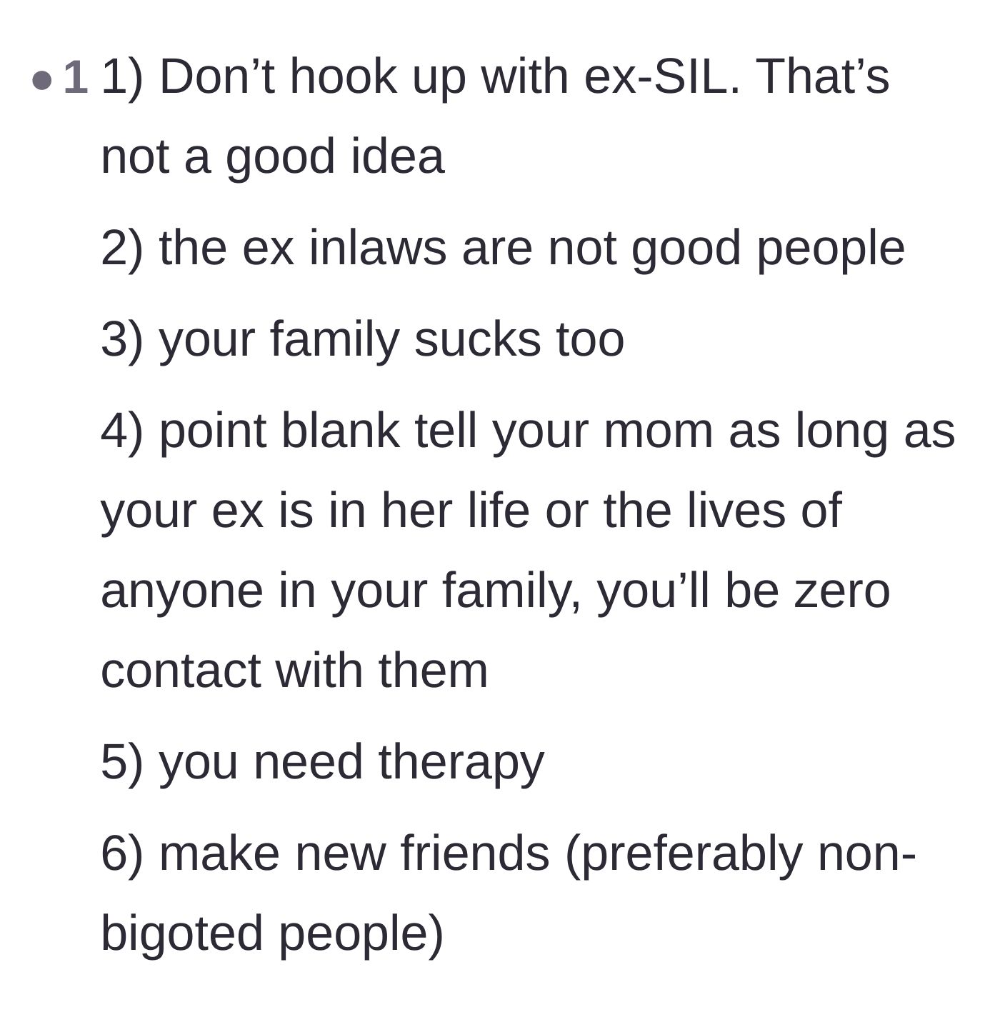 Comment thread 3 - A step-by-step checklist advising the man to drop both toxic families, avoid the hookup, and seek professional help.