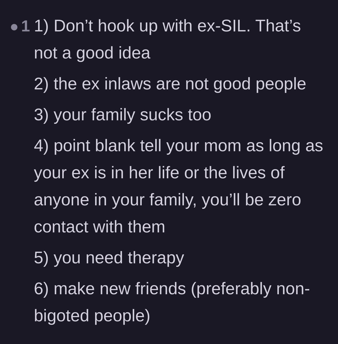 Comment thread 3 - A step-by-step checklist advising the man to drop both toxic families, avoid the hookup, and seek professional help.