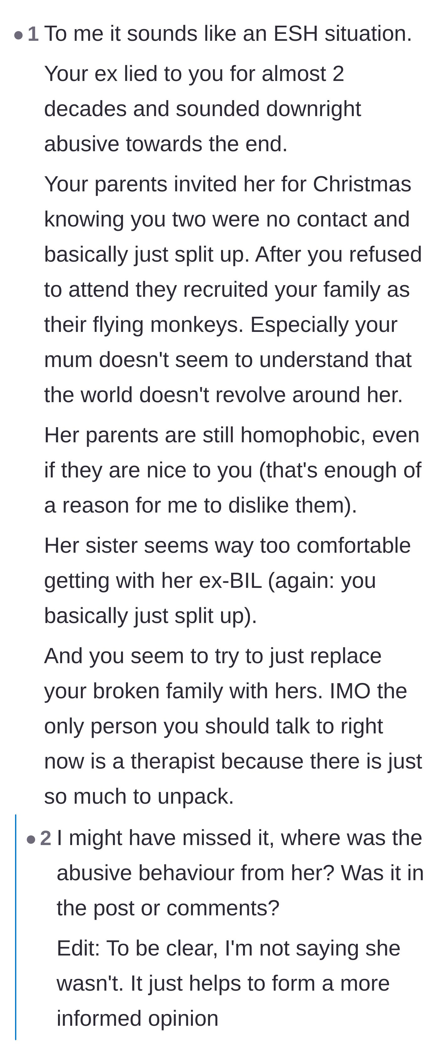 Comment thread 5 - A breakdown of why every character is in the wrong, with replies uncovering the ex-wife's past abusive behavior.