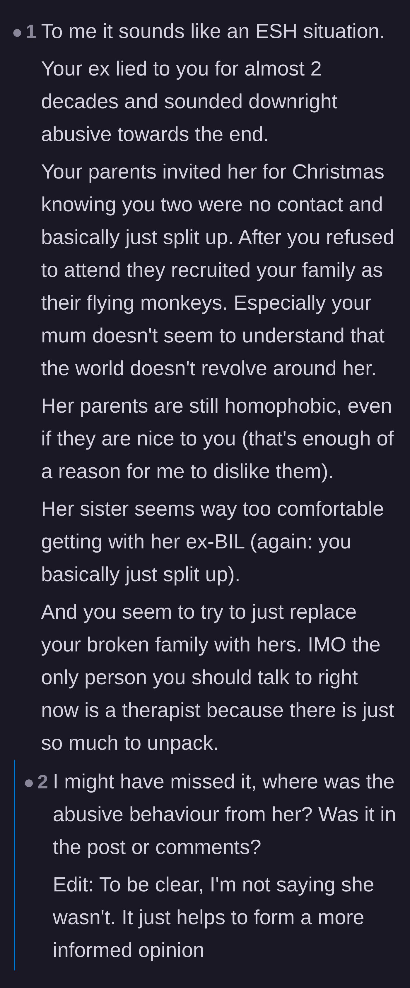 Comment thread 5 - A breakdown of why every character is in the wrong, with replies uncovering the ex-wife's past abusive behavior.