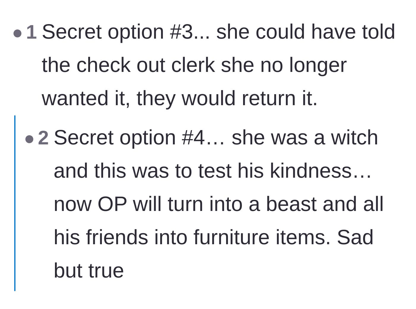 Comment thread 5 - A practical solution about leaving unwanted items at checkout, derailed by a joke about cursed fairy tale witches.