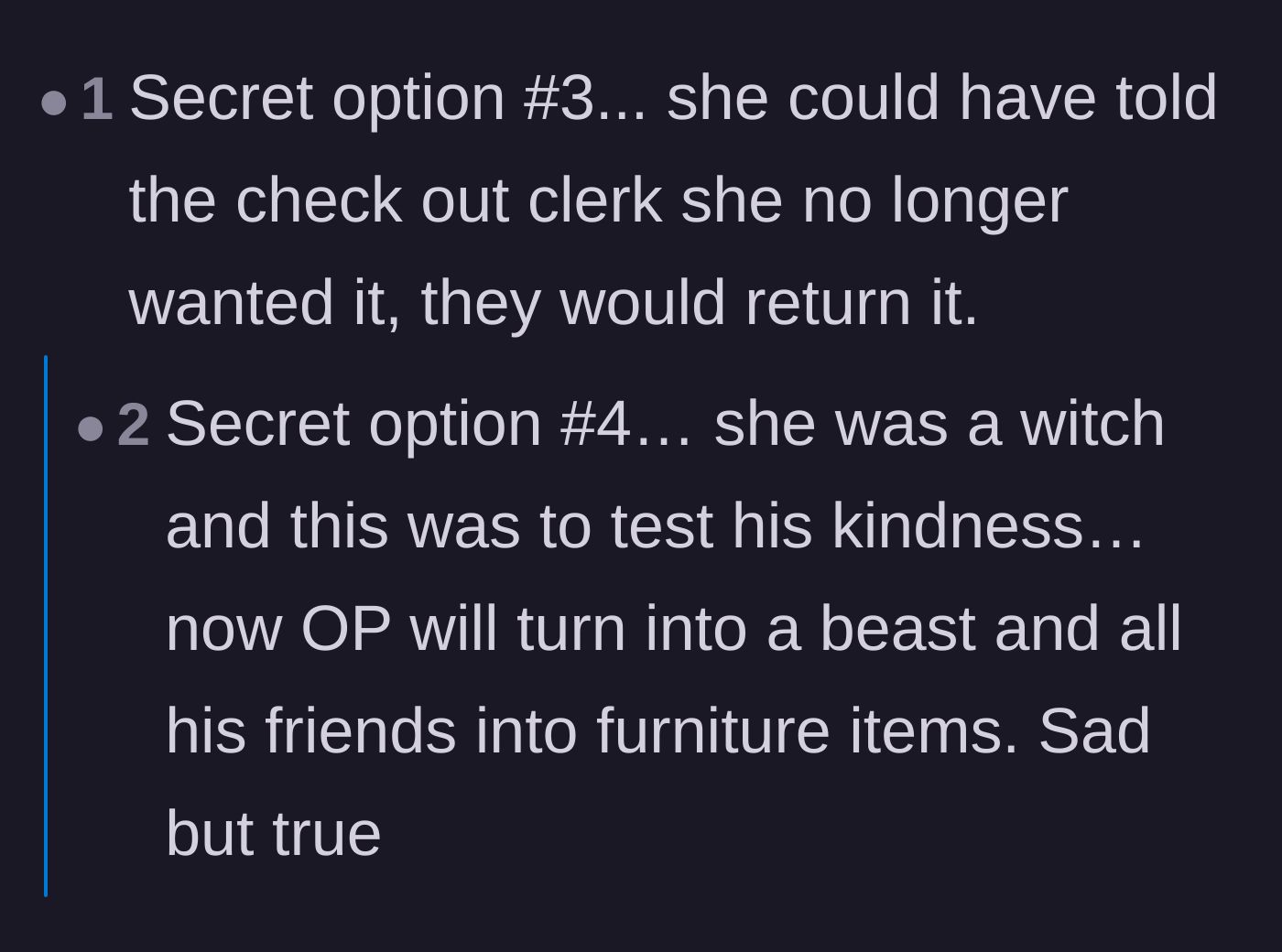 Comment thread 5 - A practical solution about leaving unwanted items at checkout, derailed by a joke about cursed fairy tale witches.