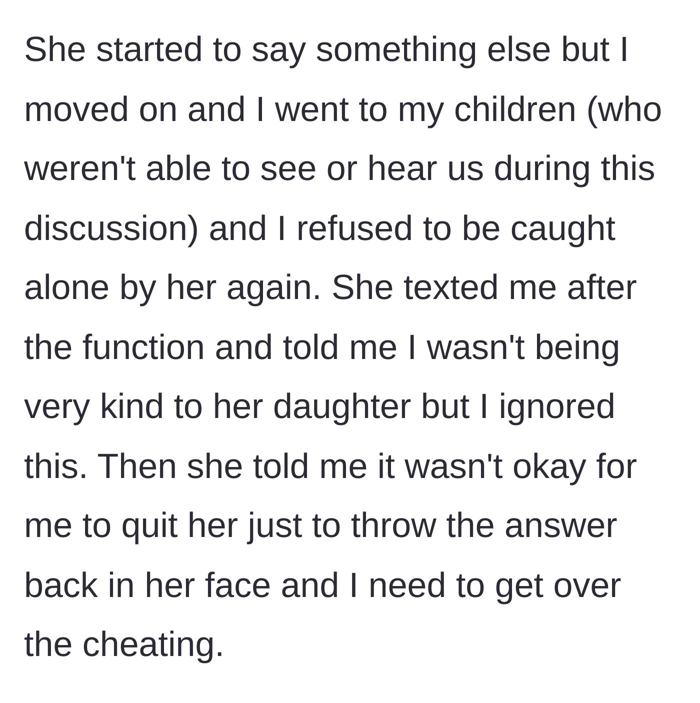Story part 5 - The affair partner sending angry texts, claiming the ex-wife is punishing her child and needs to 'get over' the cheating.
