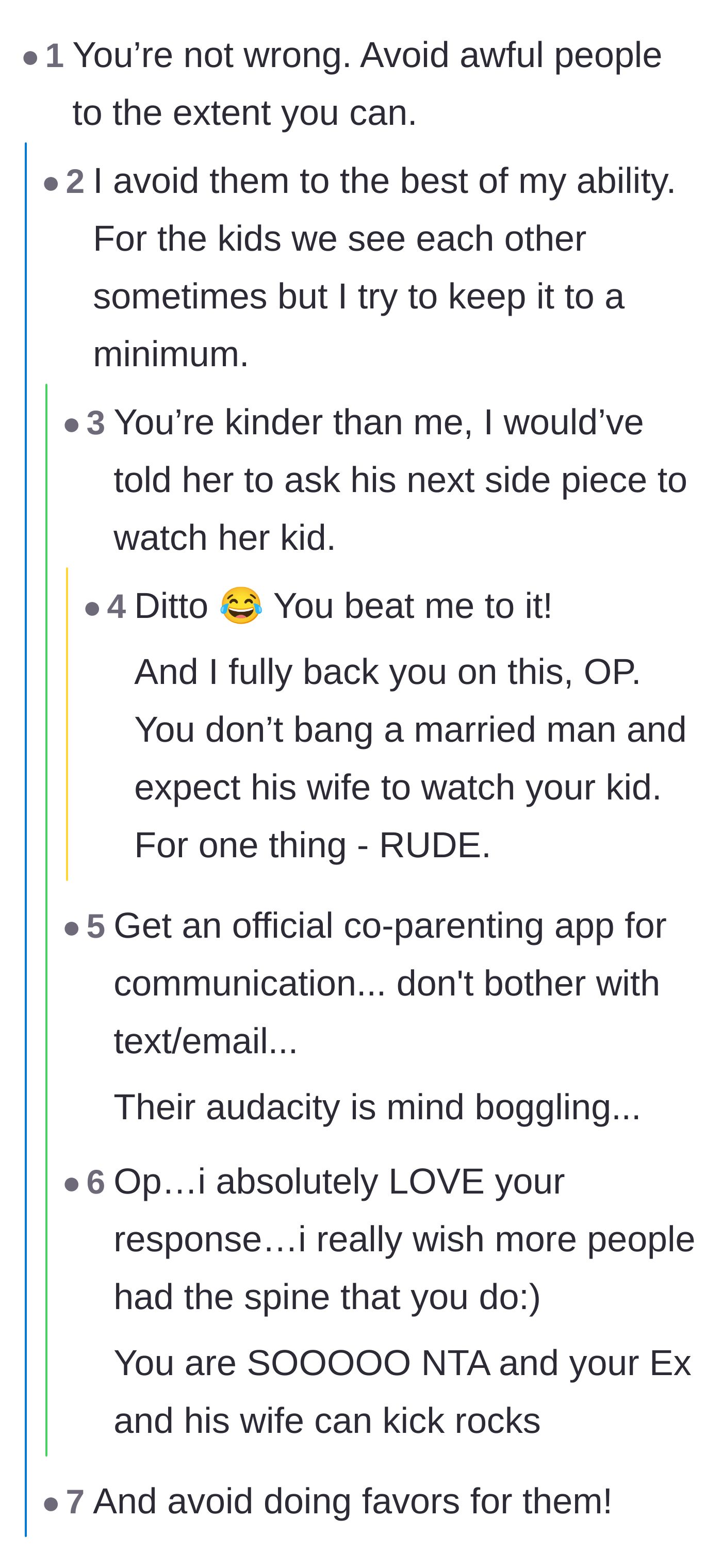 Comment thread 1 - Advice on strictly professional communication and using co-parenting apps to document interactions.