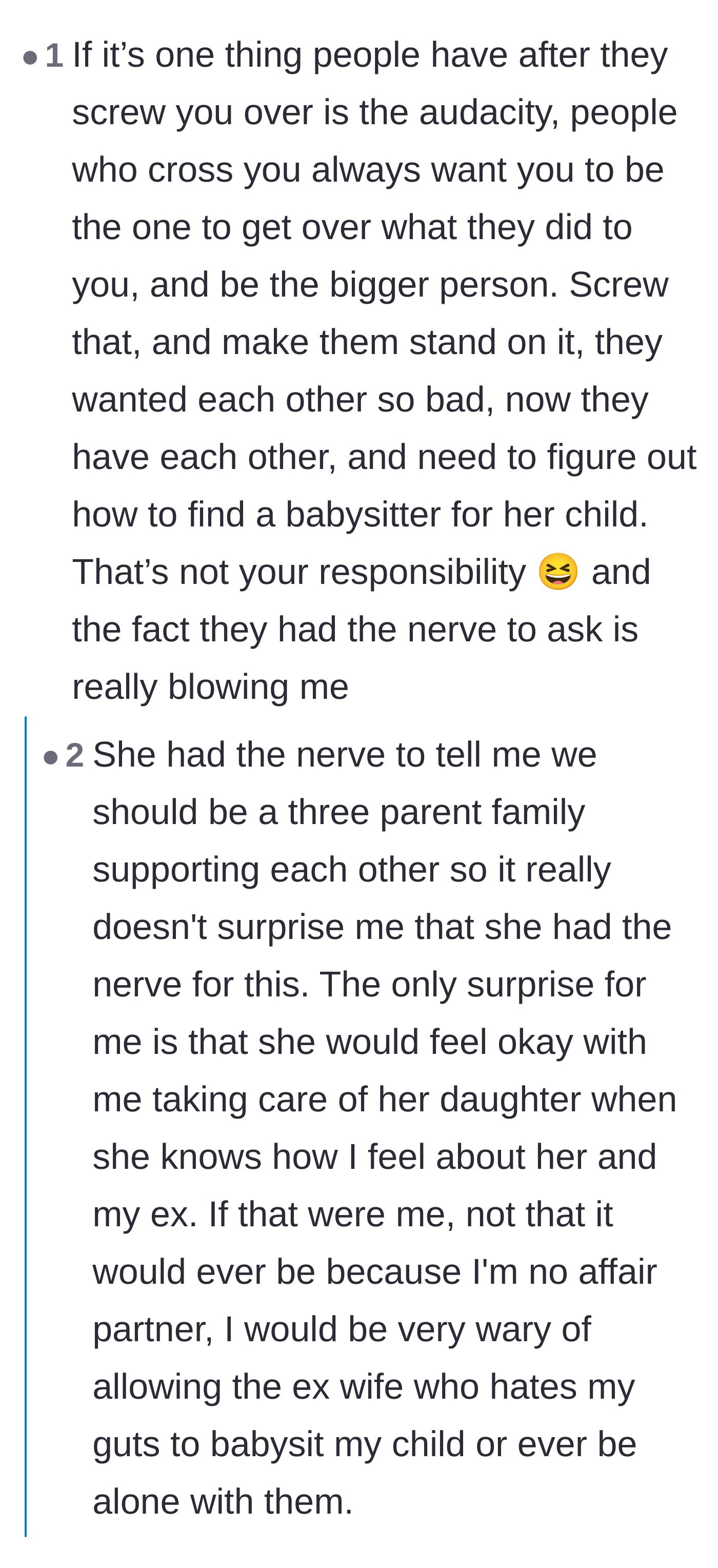 Comment thread 2 - Breaking down the affair partner's delusion of a forced three-parent family and the weaponization of the word 'punishment.'