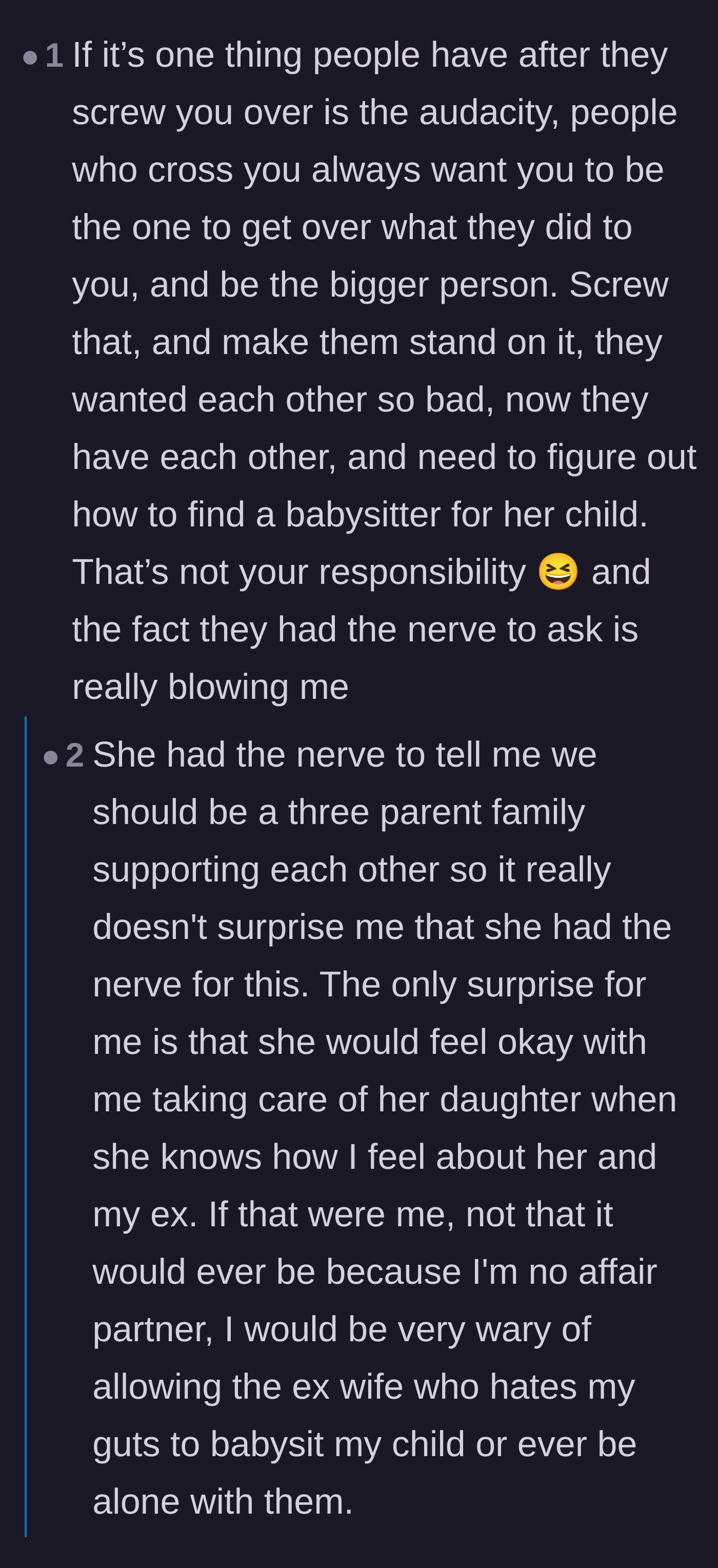 Comment thread 2 - Breaking down the affair partner's delusion of a forced three-parent family and the weaponization of the word 'punishment.'