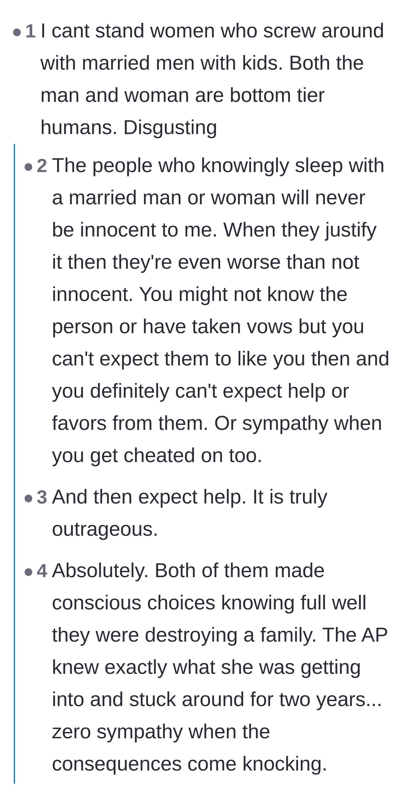 Comment thread 3 - Debating the shared accountability of affair partners and rejecting the idea that only the married person is to blame.