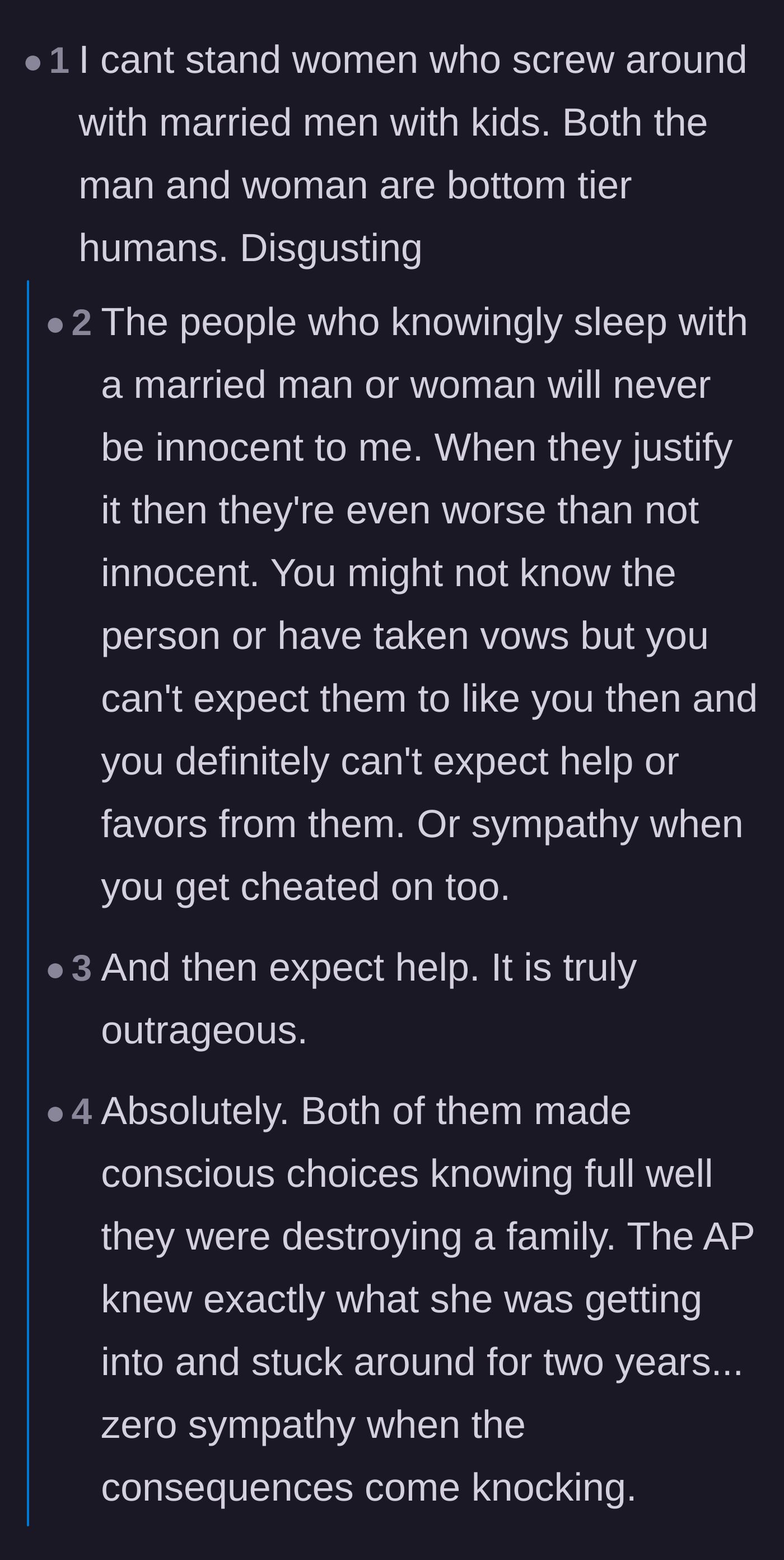 Comment thread 3 - Debating the shared accountability of affair partners and rejecting the idea that only the married person is to blame.