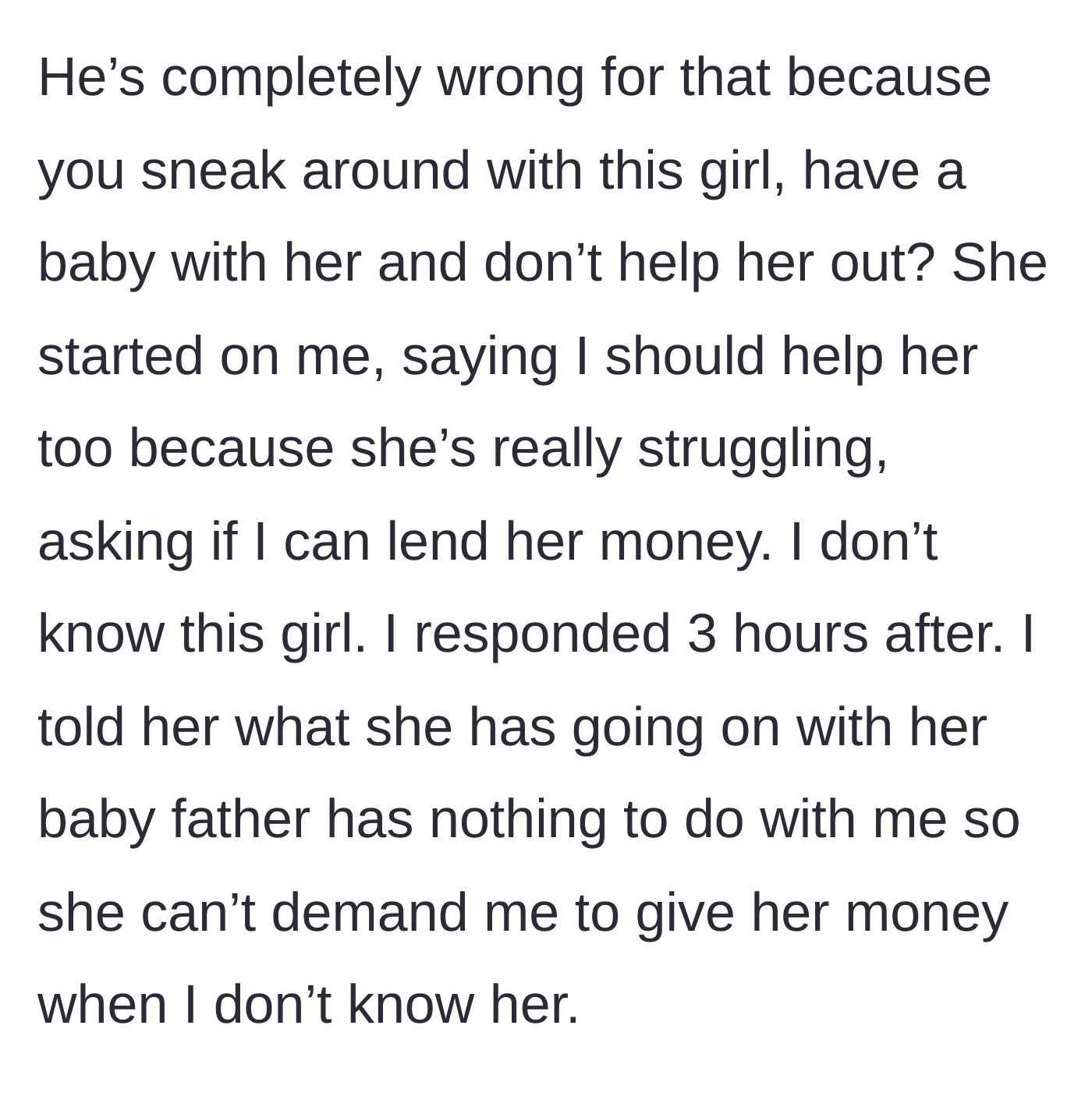 Story part 5 - The ex-wife rejects the mistress's demand for money, establishing a firm boundary.