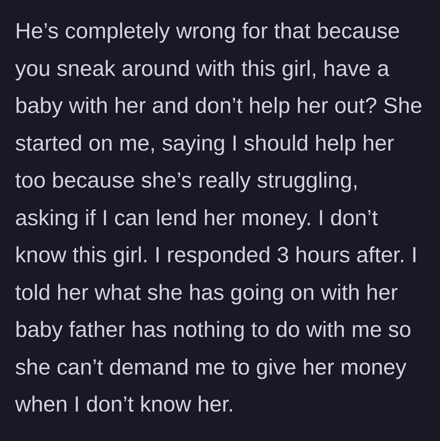 Story part 5 - The ex-wife rejects the mistress's demand for money, establishing a firm boundary.
