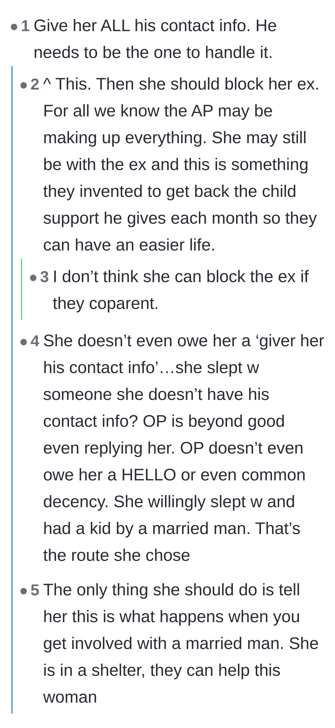 Comment thread 1 - Debate over whether the ex-wife should forward the deadbeat dad's contact info or just ignore the mistress completely.
