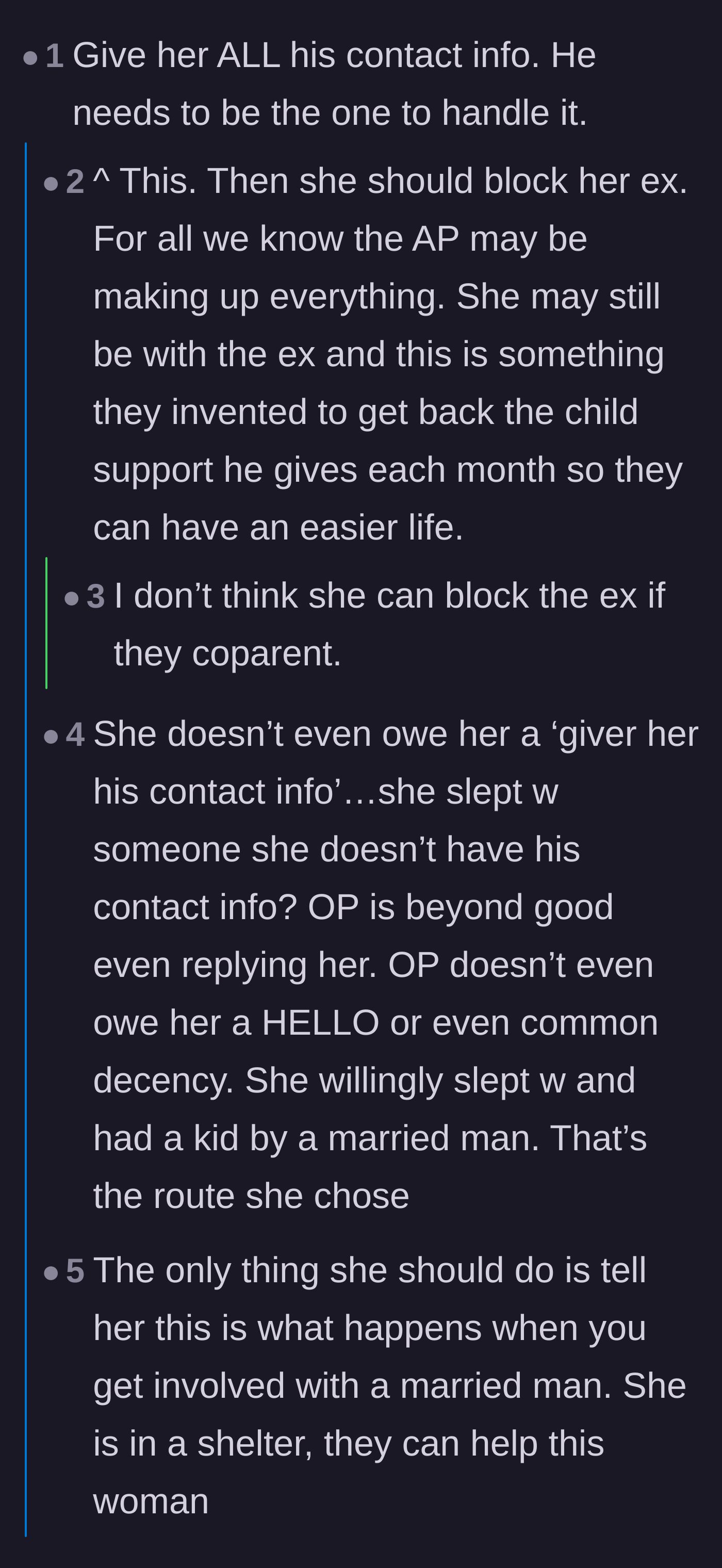 Comment thread 1 - Debate over whether the ex-wife should forward the deadbeat dad's contact info or just ignore the mistress completely.
