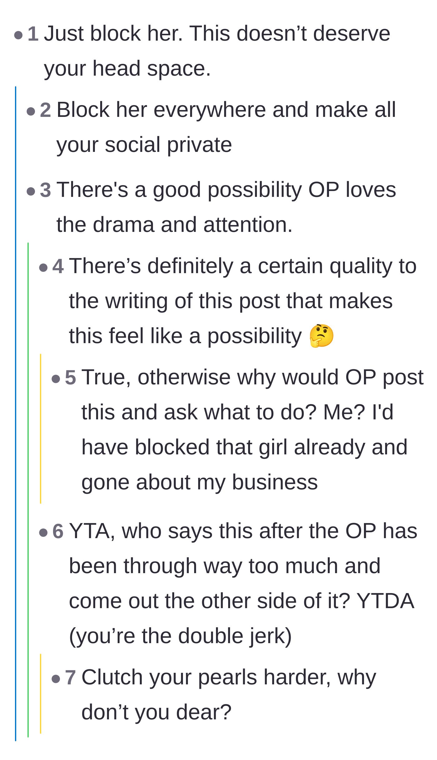 Comment thread 2 - Readers advising the main character to protect her mental peace by blocking the affair partner, while some question her motives for engaging.