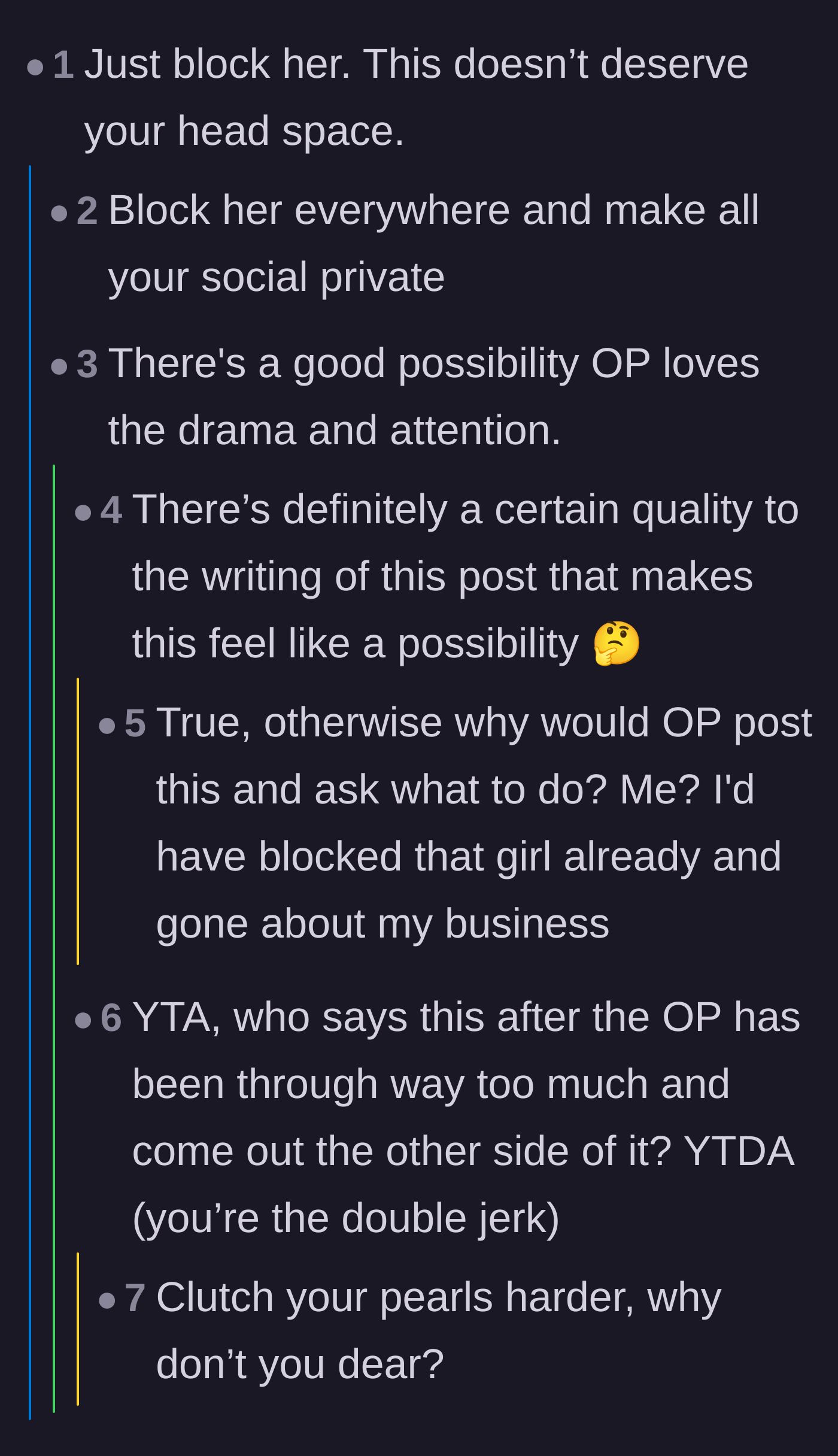 Comment thread 2 - Readers advising the main character to protect her mental peace by blocking the affair partner, while some question her motives for engaging.
