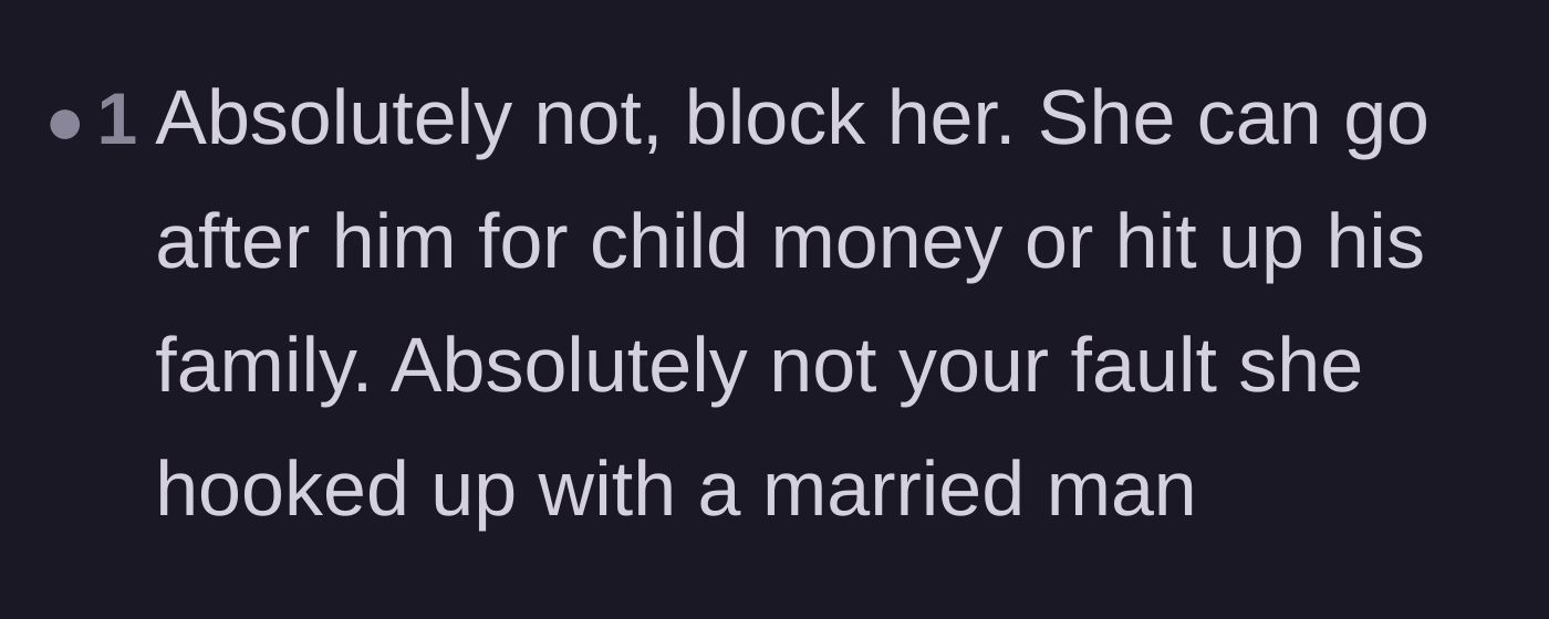 Comment thread 3 - Reiteration that the affair partner needs to pursue the father or his family for child support, not the betrayed wife.