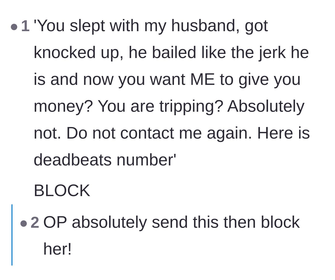 Comment thread 5 - A drafted mock response bluntly summarizing the audacity of the situation before dropping the block hammer.
