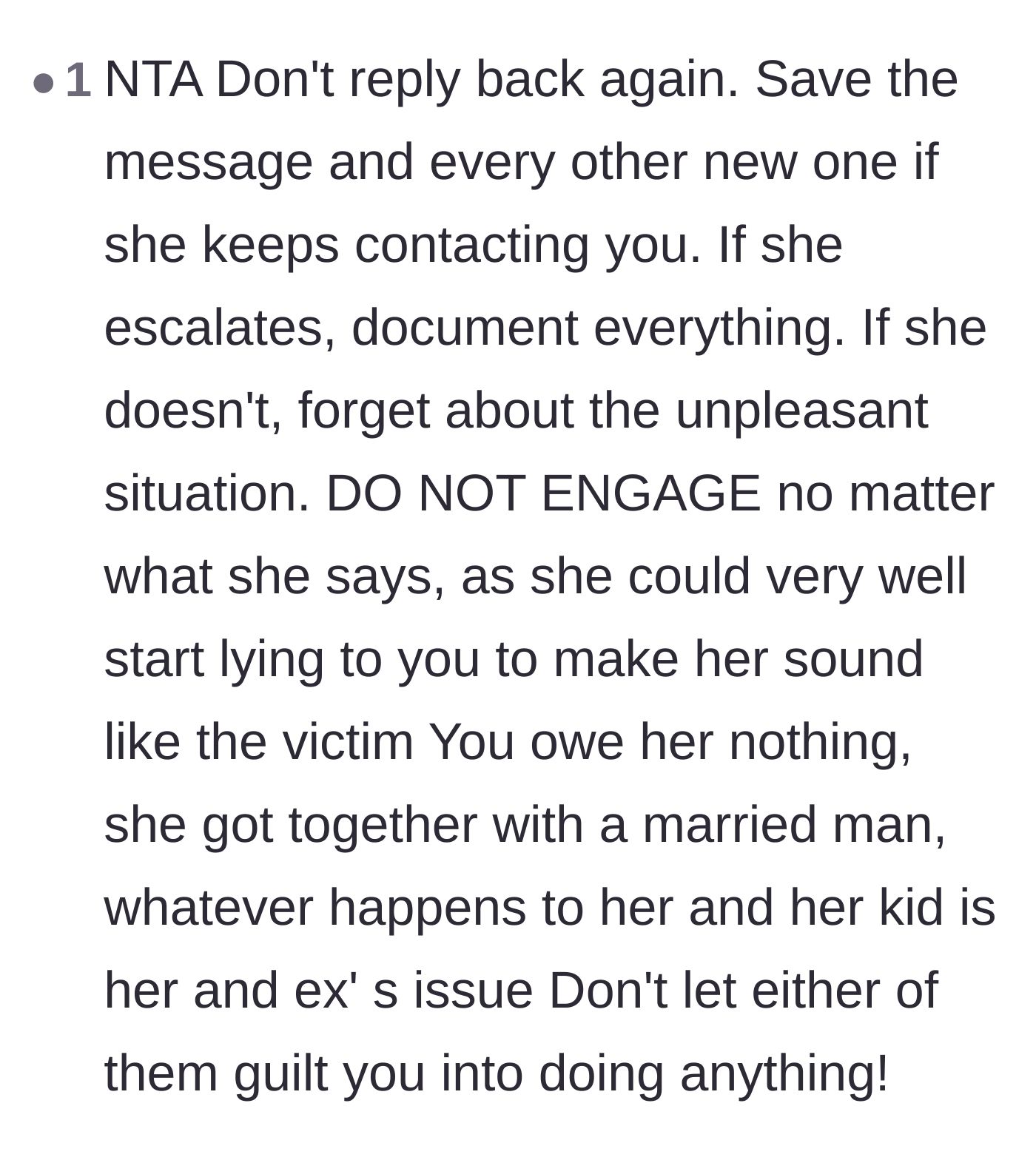 Comment thread 6 - Strategic advice to stop engaging and start documenting all communication in case the situation escalates.