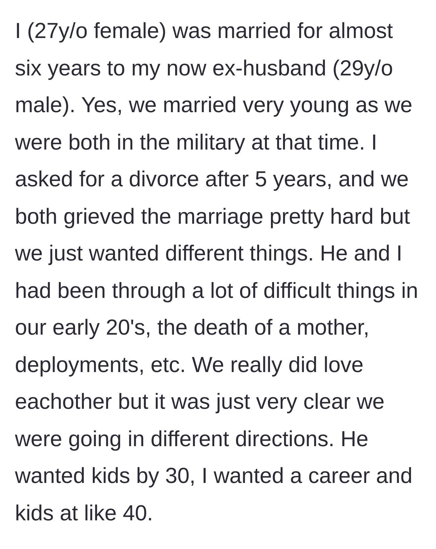 Story part 2 - The 27-year-old author reflects on her five-year military marriage, the grief they shared, and their mutual decision to divorce over different life timelines.