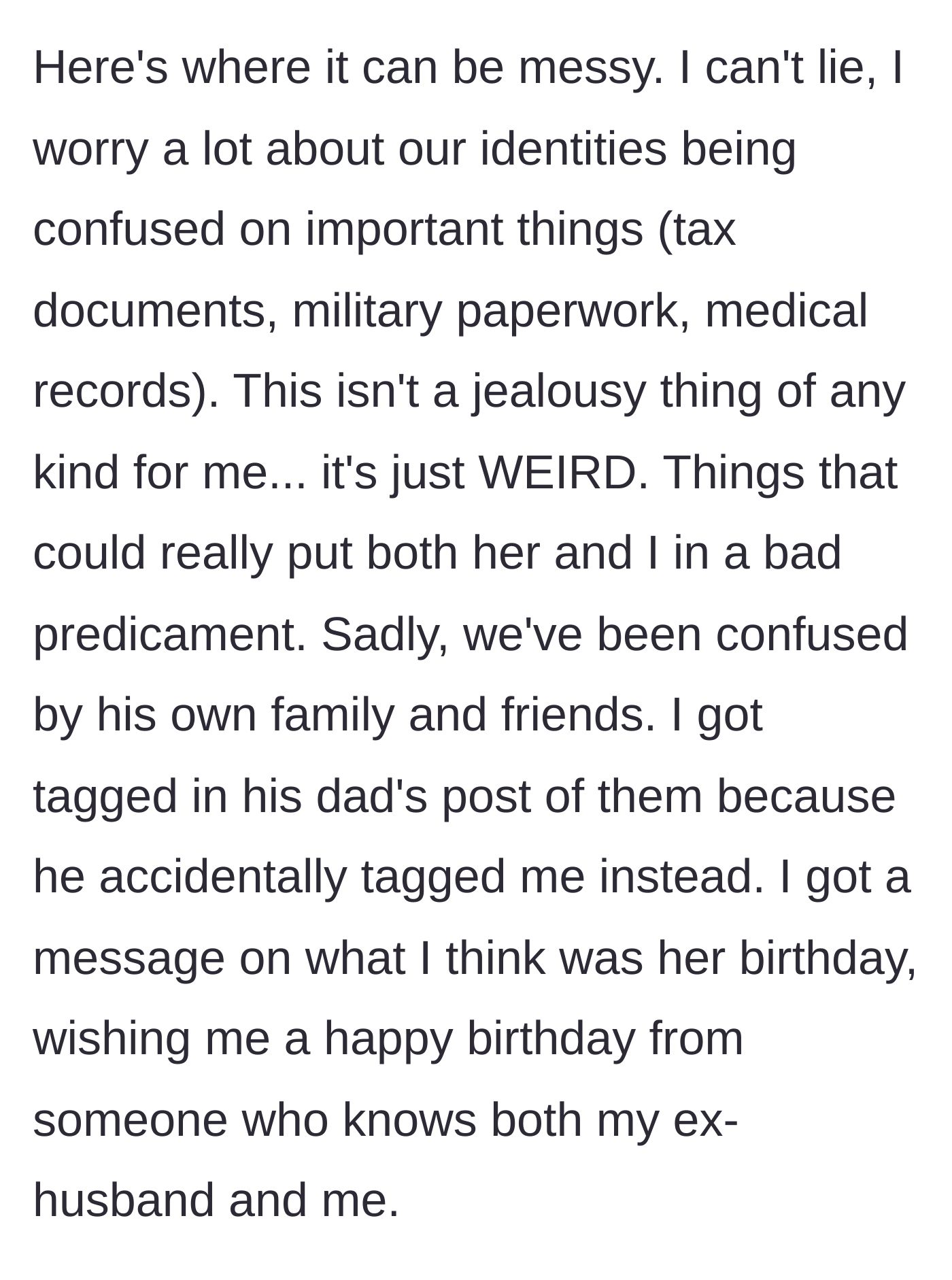 Story part 4 - The author details the practical nightmares of sharing an exact name, including potential tax and medical mix-ups, as well as awkward social media tags from her ex-father-in-law.