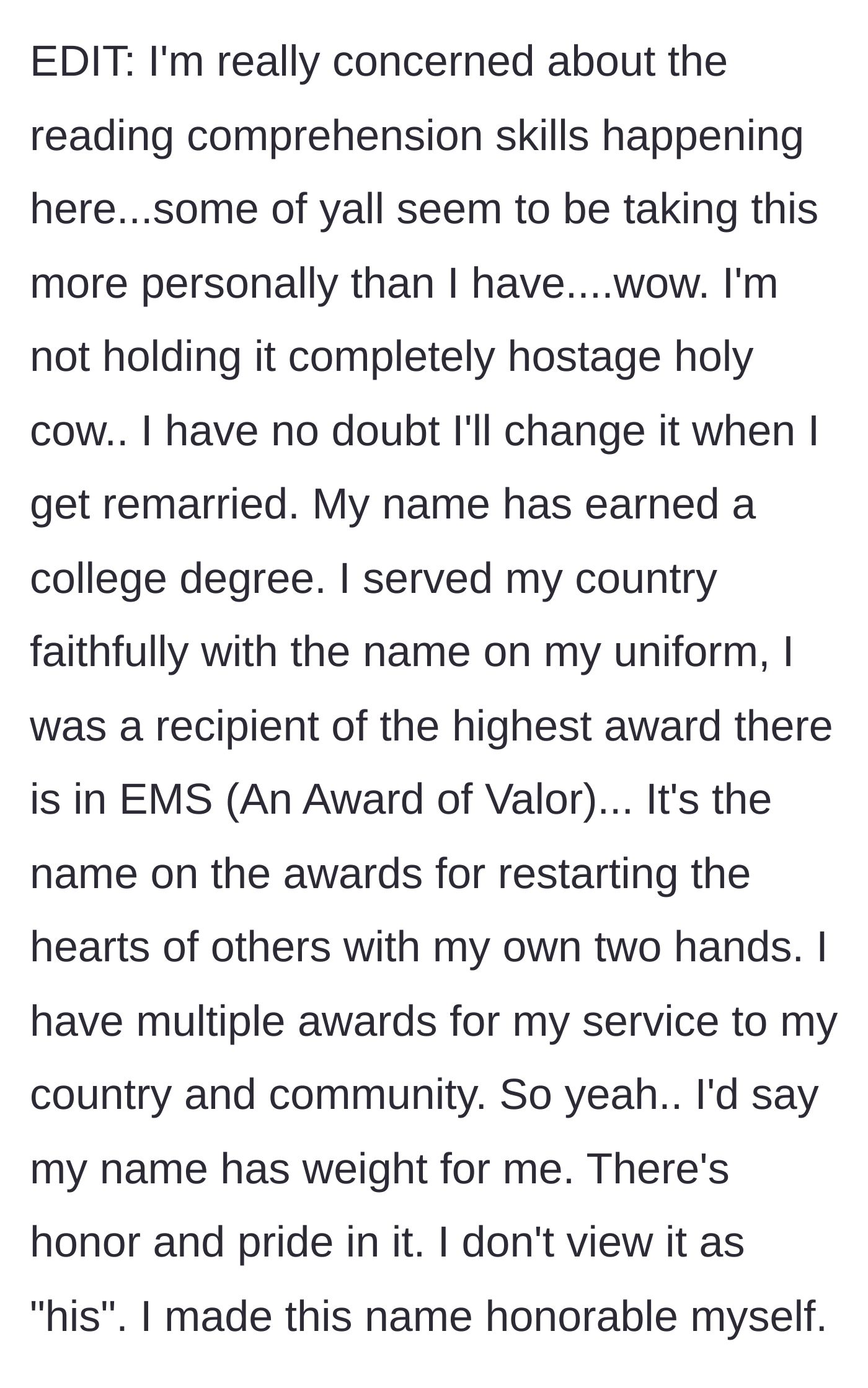 Story part 6 - In a powerful update, the author lists her achievements under her current name, including a college degree, military service, and an EMS Award of Valor for saving lives.