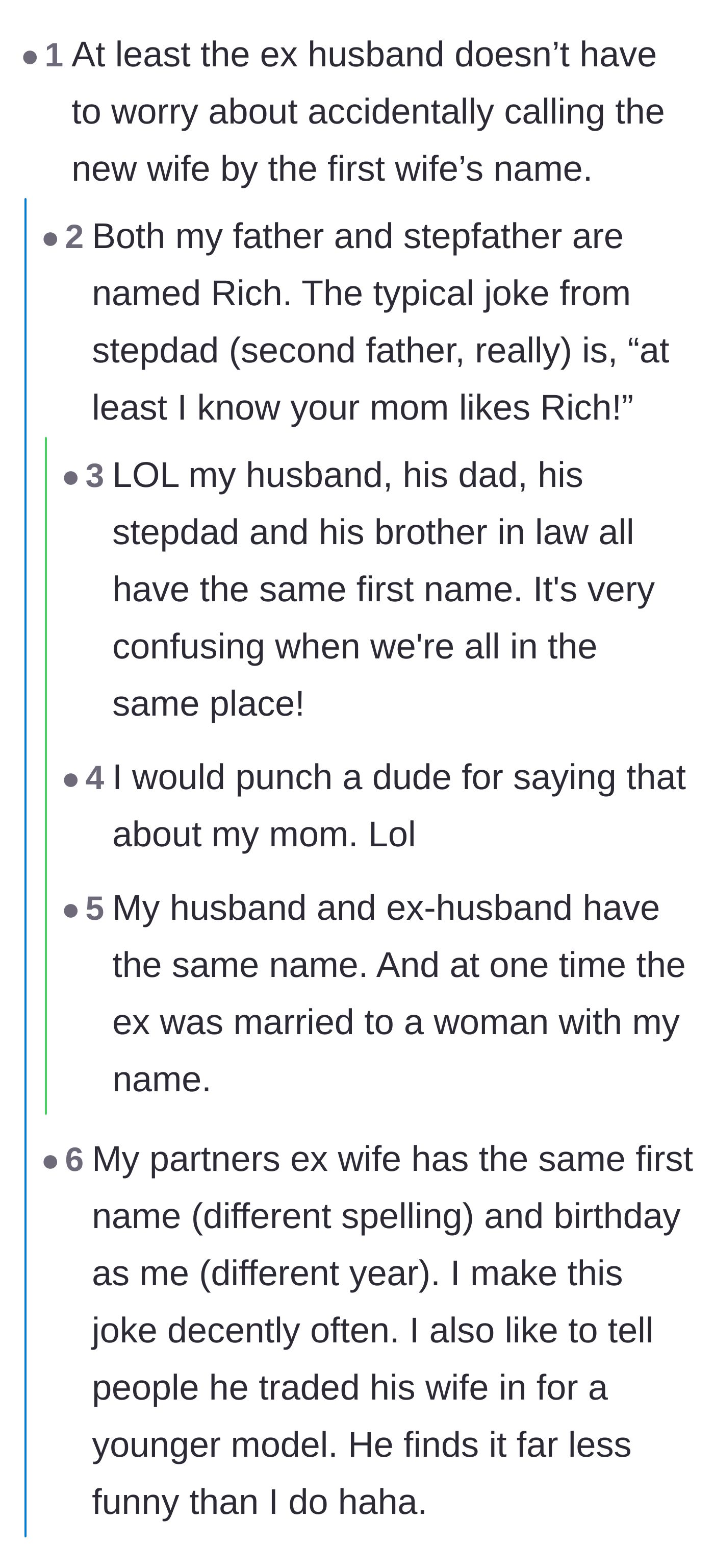 Comment thread 1 - Readers joking about the ex-husband never saying the wrong name and sharing funny stories of overlapping family names