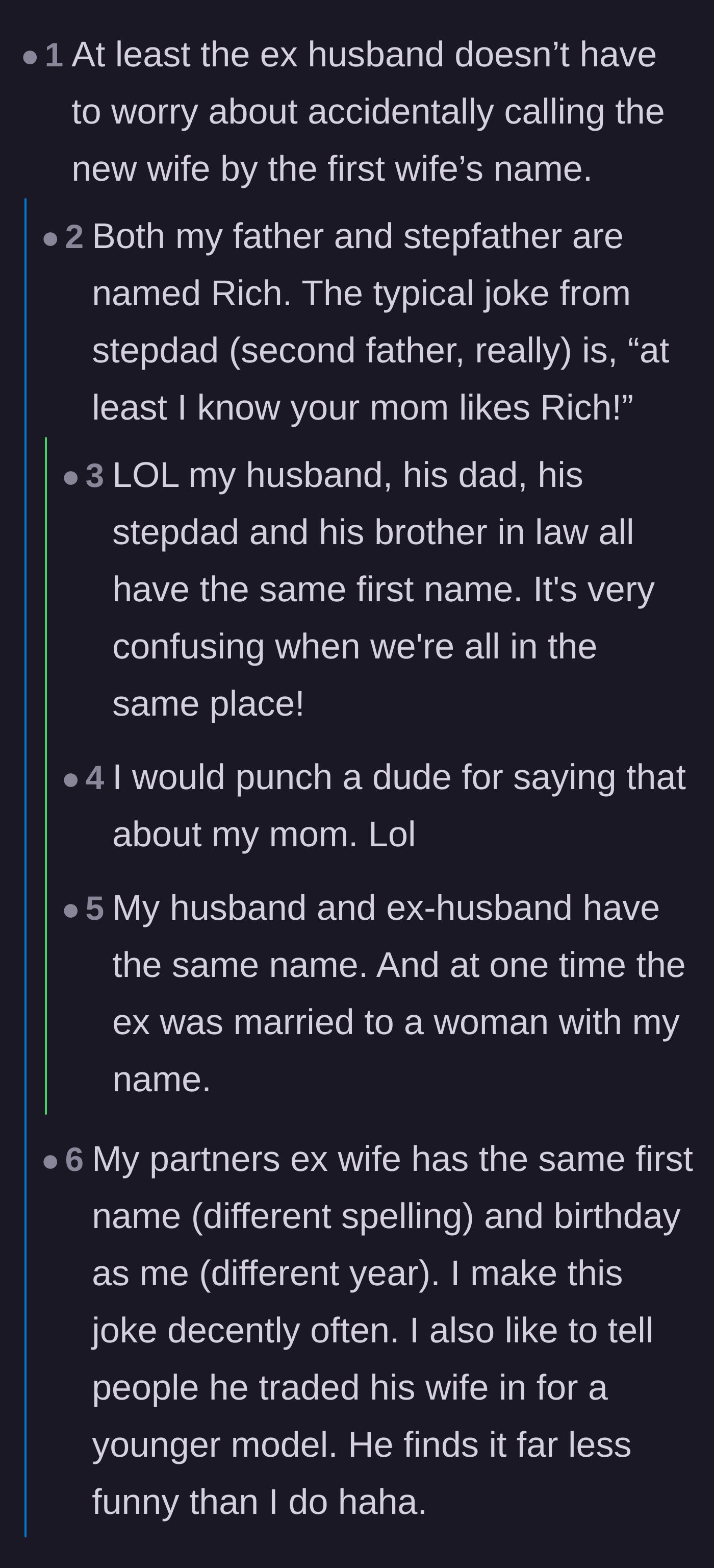 Comment thread 1 - Readers joking about the ex-husband never saying the wrong name and sharing funny stories of overlapping family names