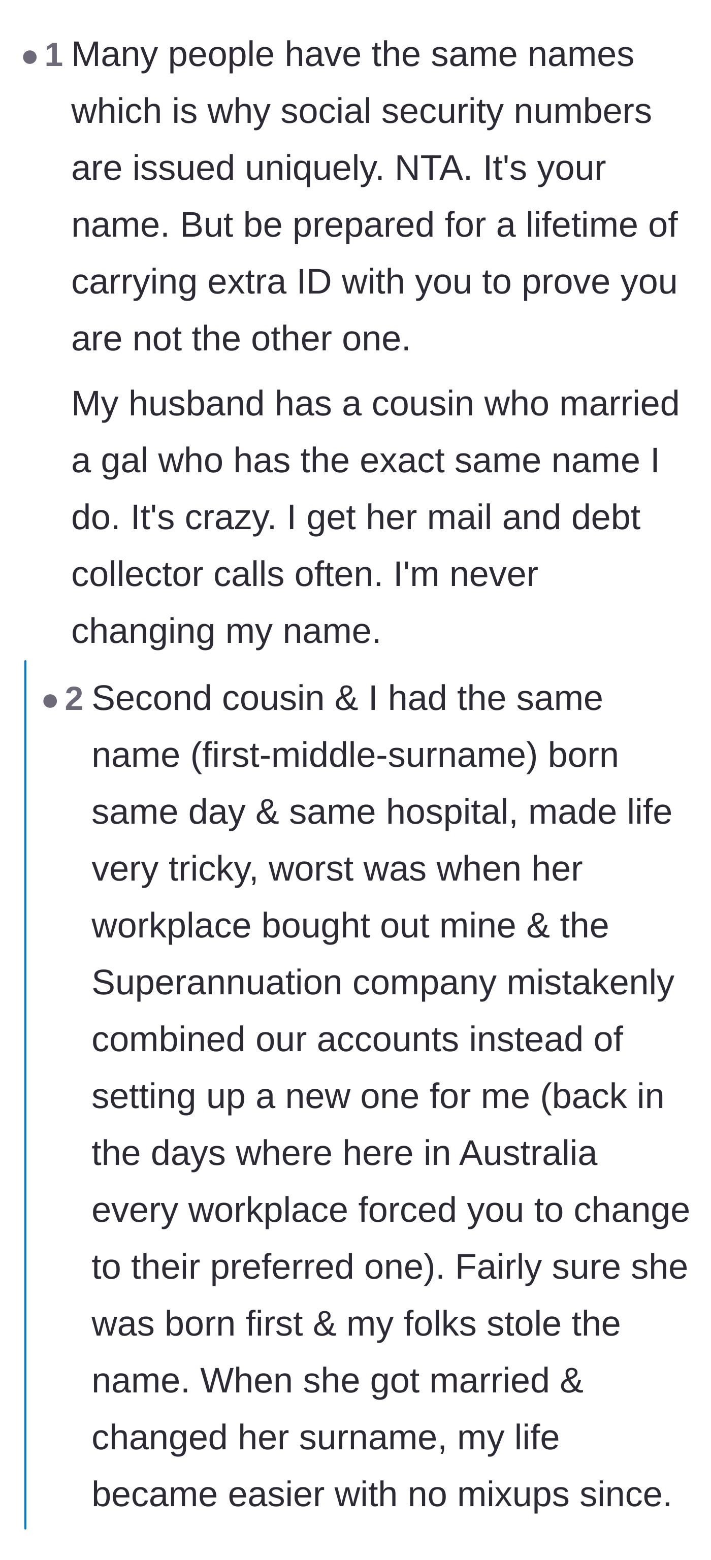 Comment thread 2 - Practical warnings about identity mix-ups, debt collectors, and the reality of sharing a legal name with a relative